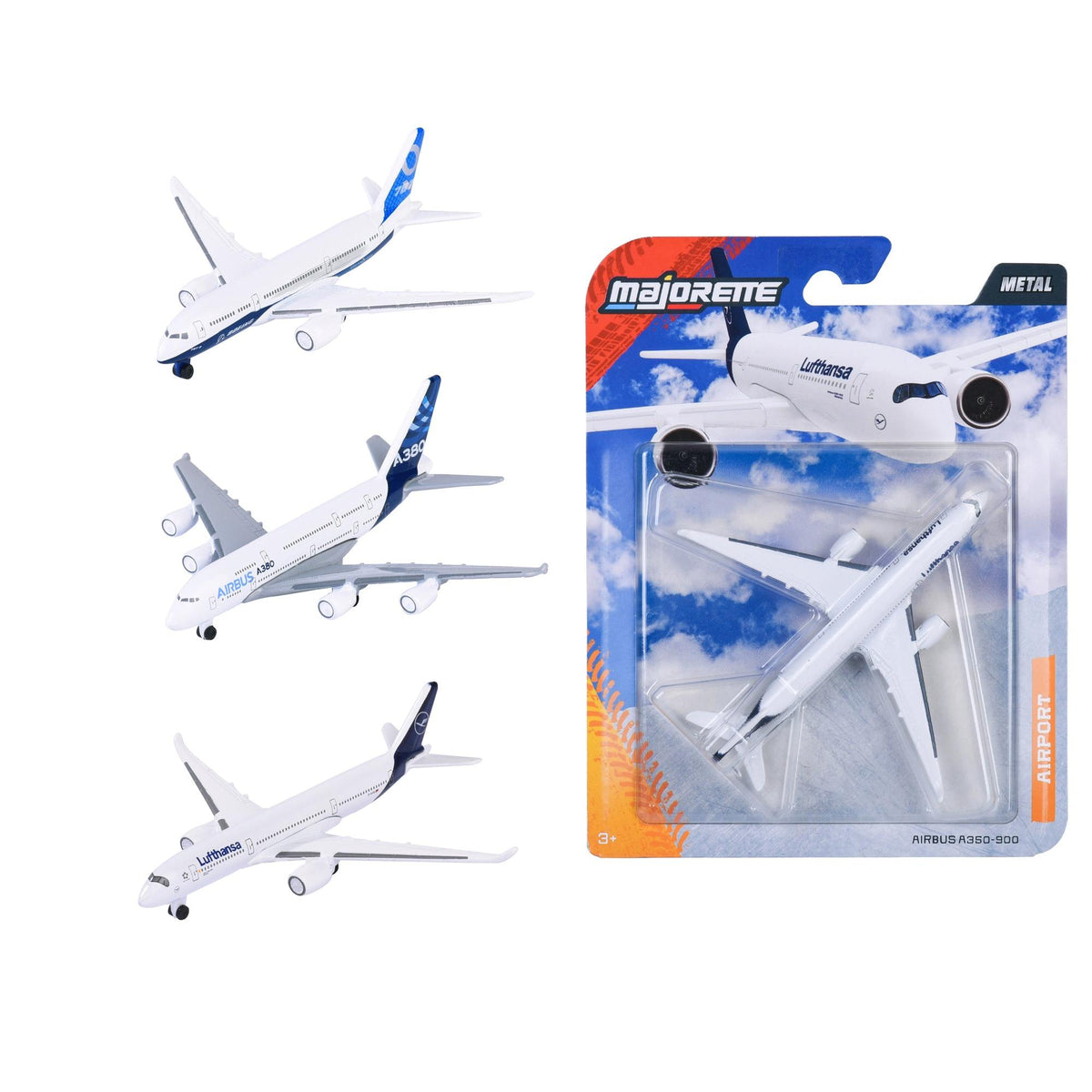 Three white toy airplanes with blue accents and one die-cast airplane, all from the Simba Dickie Majorette Airport Vehicles Assortment, featuring an Airbus A350-900 in Lufthansa livery on a sky-themed package.