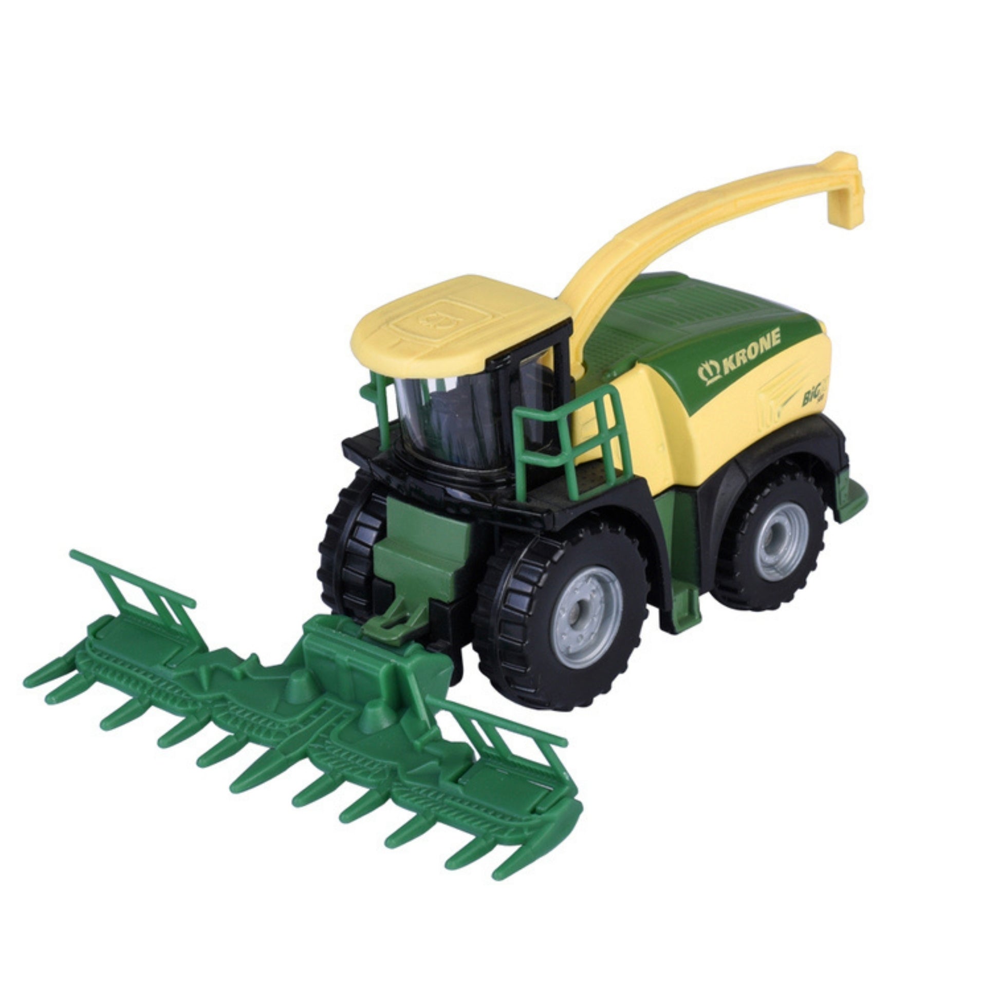 A Majorette Farm Trailer Diecast Vehicle in green and yellow, featuring large black wheels and a front maize header. The detailed model replicates a Krone forage harvester, perfect for realistic farm play.
