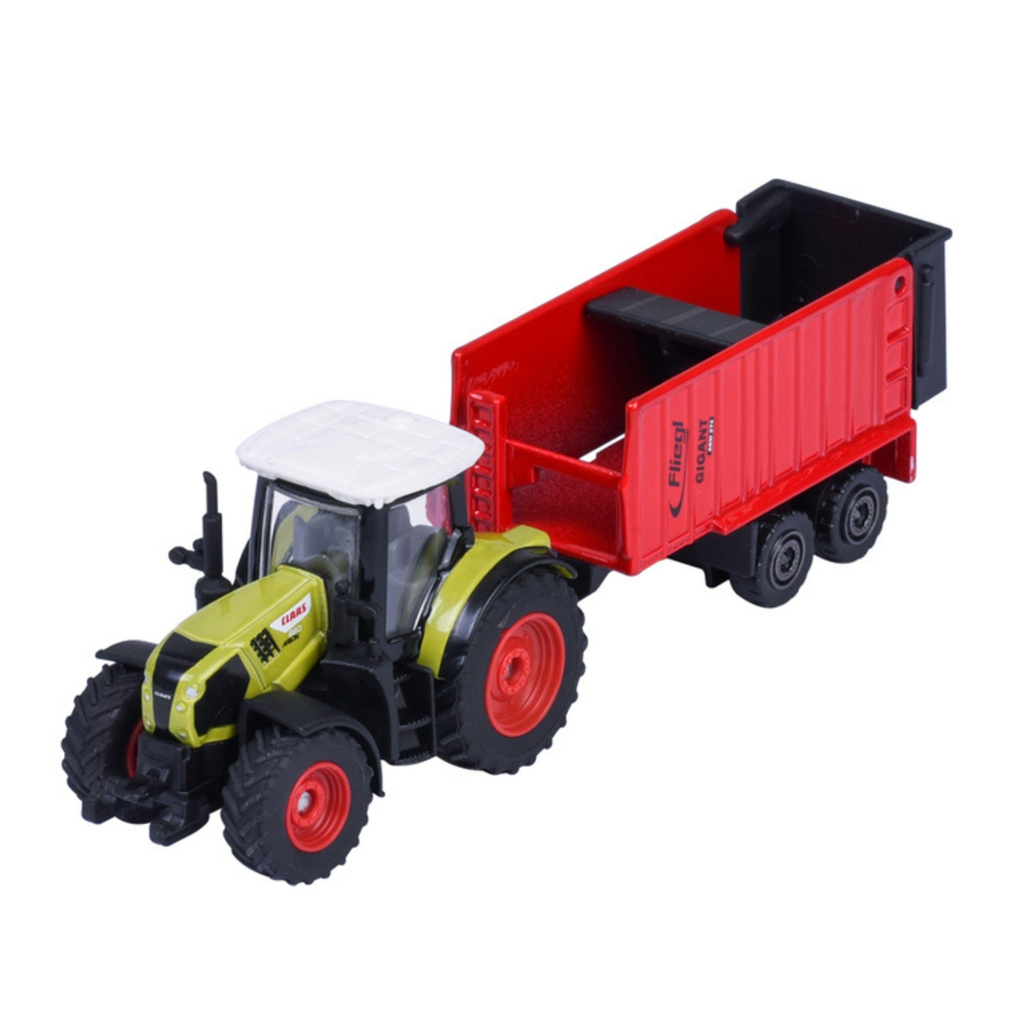The Majorette Farm Trailer Diecast Vehicles set features a green toy tractor with a white roof, large black tires, and detailed design, attached to a red Claas-labeled two-axle trailer with high sides.