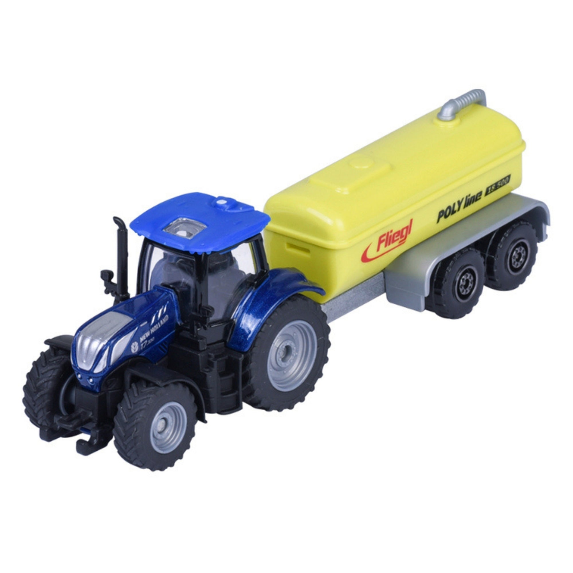 A Majorette Farm Trailer Diecast Vehicle—a blue toy tractor with a yellow Fliegl POLYline liquid manure tanker trailer—is displayed on a white background.