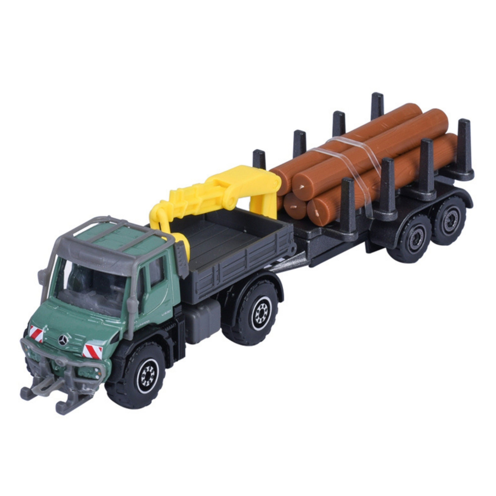 The Majorette Farm Trailer Diecast Vehicle is a green and black toy logging truck with a yellow crane arm, carrying brown plastic logs secured on its flatbed trailer.