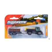 The Majorette Farm Trailer Diecast Vehicles are packaged with a green farm truck and log trailer, set against a farm scene with hay bales, barn, blue sky, and labeled "FARM" on the right side.
