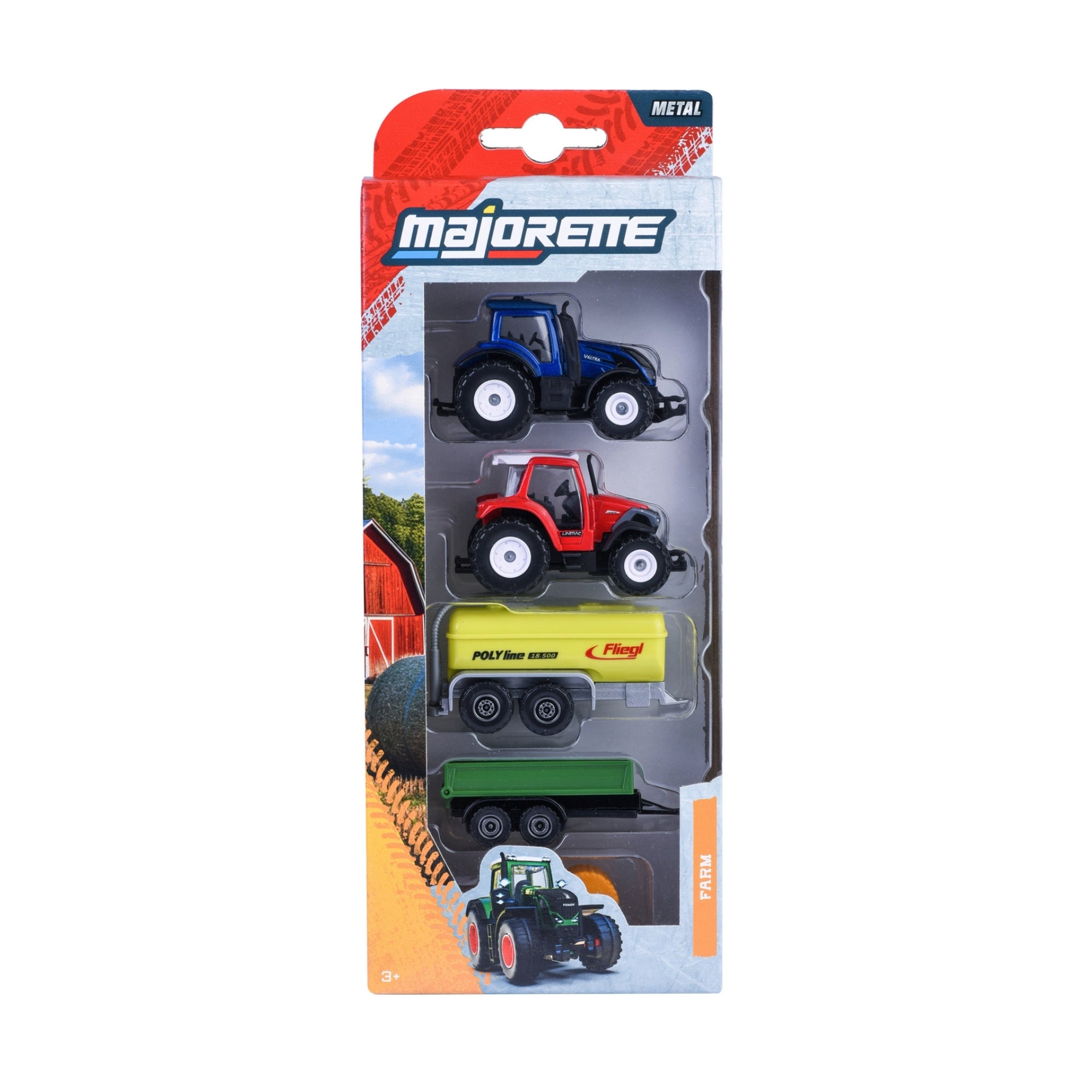 The Majorette Farm 5 Piece Diecast Set includes two tractors (blue and red), a yellow trailer, and a green trailer, all displayed in farm-themed packaging. Suitable for ages 3+.