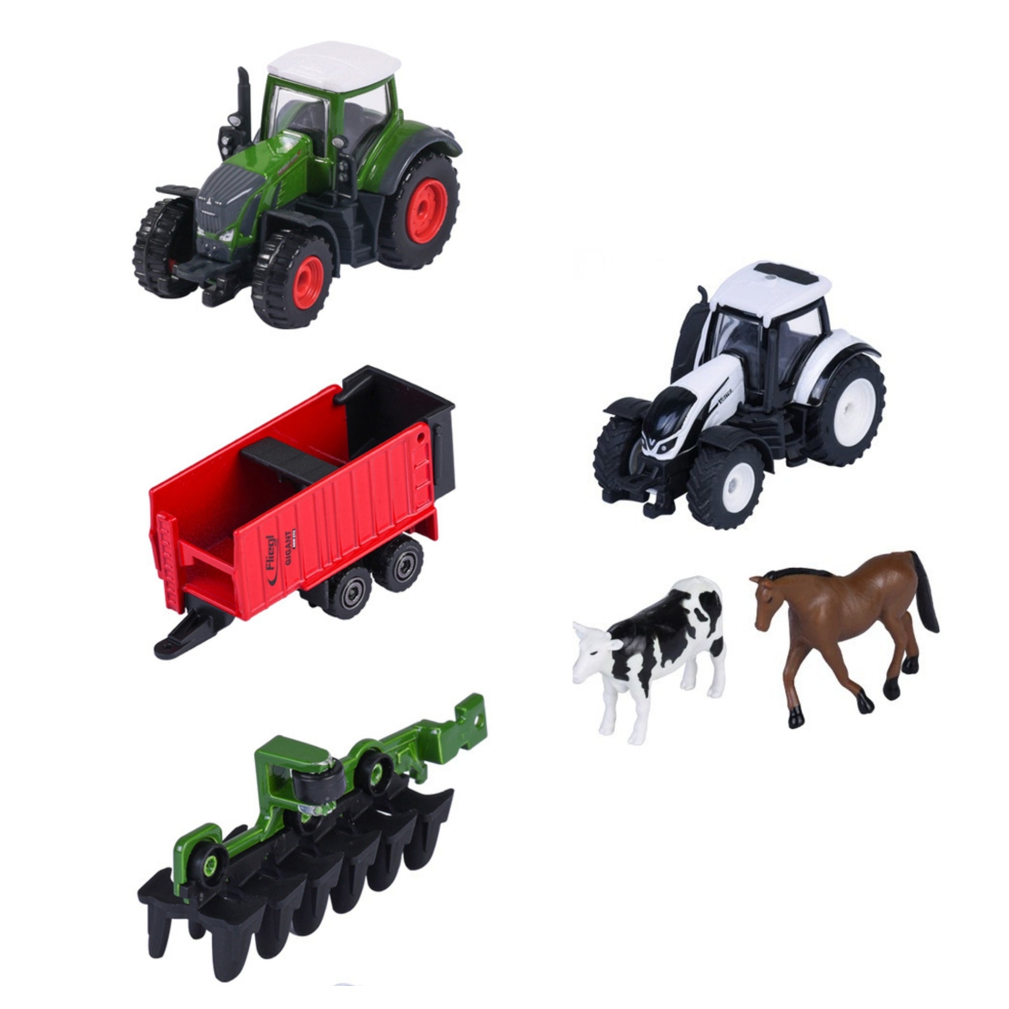 The Majorette Farm 5 Piece Diecast Set includes two tractors (green and white), a red trailer, a green plow, and farm animals—a black and white cow plus a brown horse—displayed on a white background.