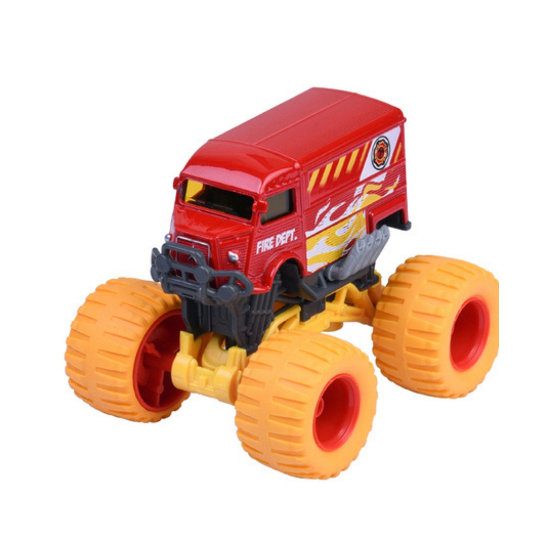 The Majorette Monster Rockerz Diecast Car is a red toy truck with large yellow wheels, "Fire Dept." on the side, flame graphics, and a rugged elevated chassis.