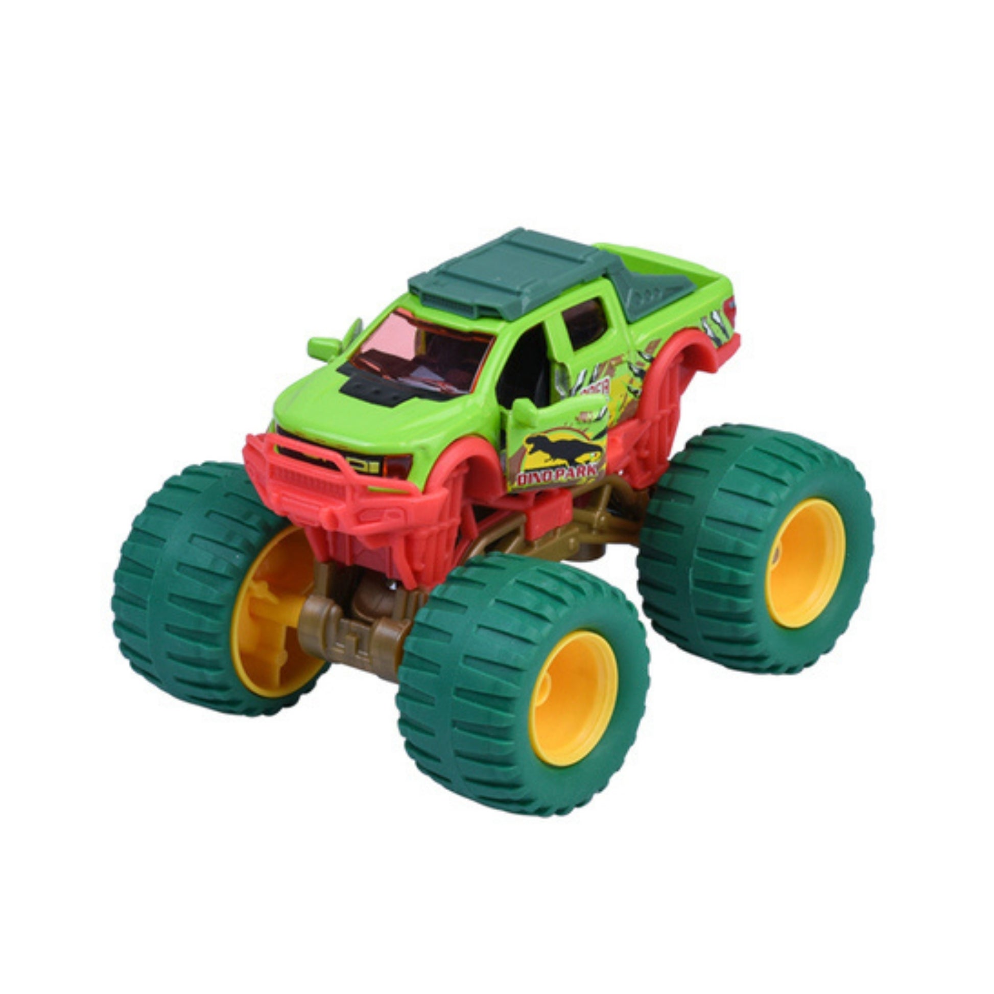 The Majorette Monster Rockerz Diecast Car is a toy monster truck featuring a green body, red front and accents, bold graphic designs on the sides, and large green and yellow wheels.