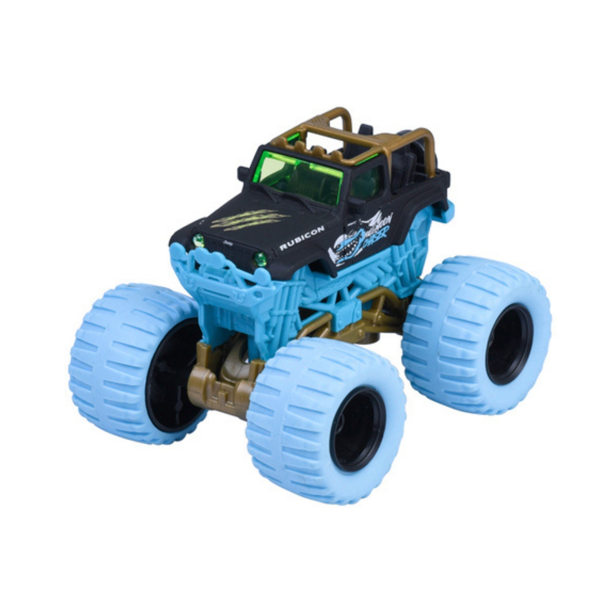 The Majorette Monster Rockerz Diecast Car features oversized light blue tires, a blue and black body, green windshield, and tan roll bars, displayed on a white background.