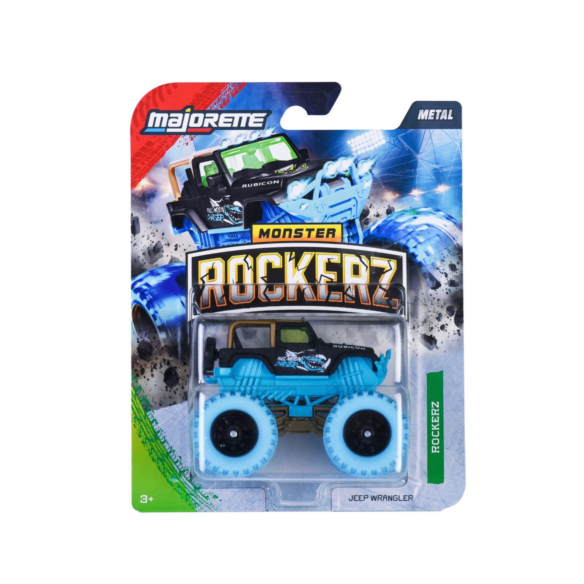 The Majorette Monster Rockerz Diecast Car is a blue Jeep Wrangler with large wheels, packaged in a blister pack with colorful graphics. Suitable for ages 3 and up.