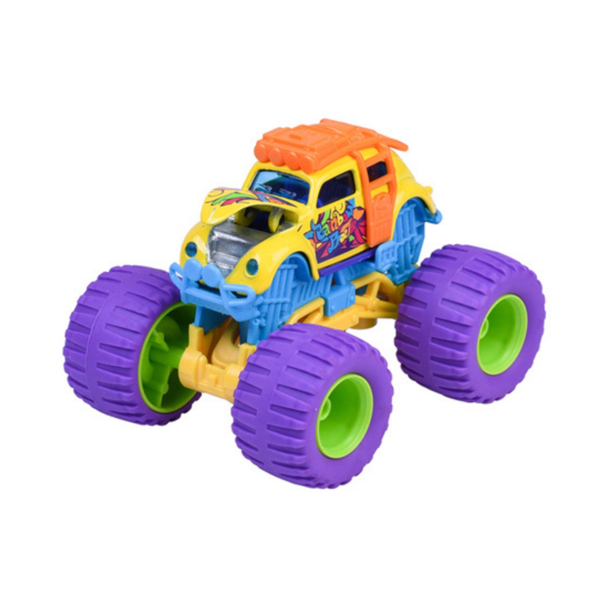 The Majorette Monster Rockerz Diecast Car features a yellow body, large purple wheels with green hubs, and blue-orange details, displayed on a white background.