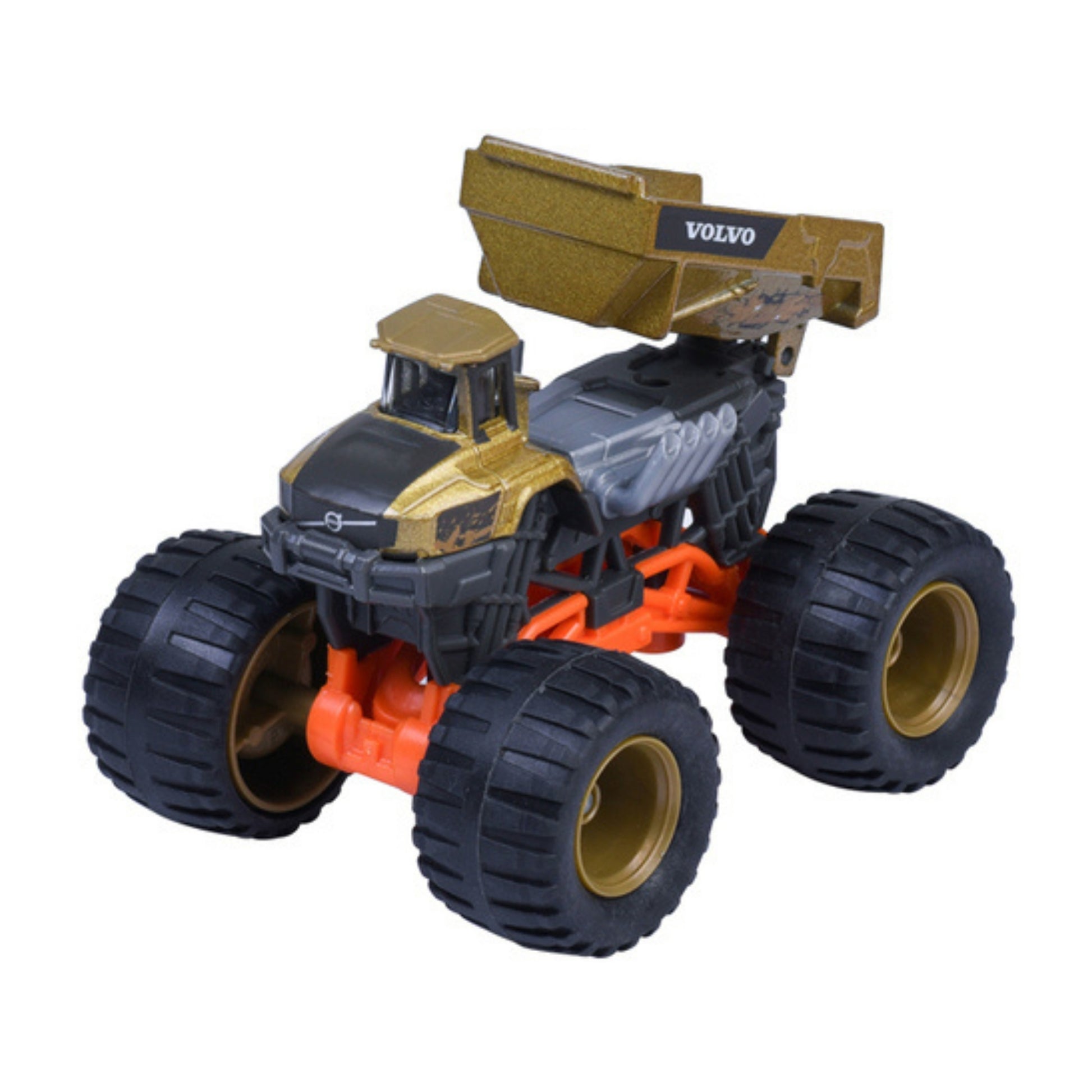 The Majorette Monster Rockerz Diecast Car features oversized black tires, an orange chassis, a metallic gold and gray body, and a tilted truck bed labeled "VOLVO.