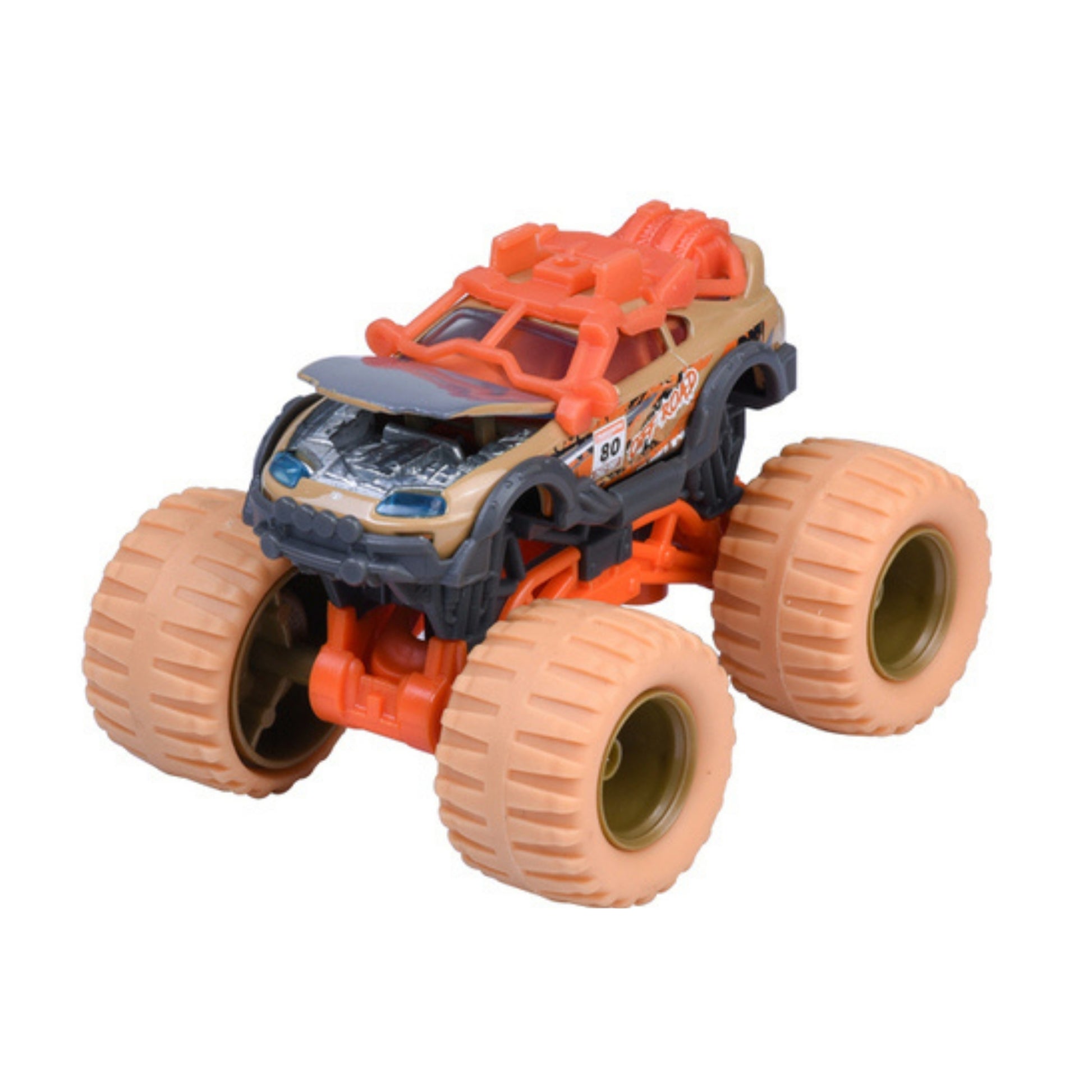 The Majorette Monster Rockerz Diecast Car features large tan tires, an orange and tan body, blue headlights, and black and orange details, displayed against a white background.