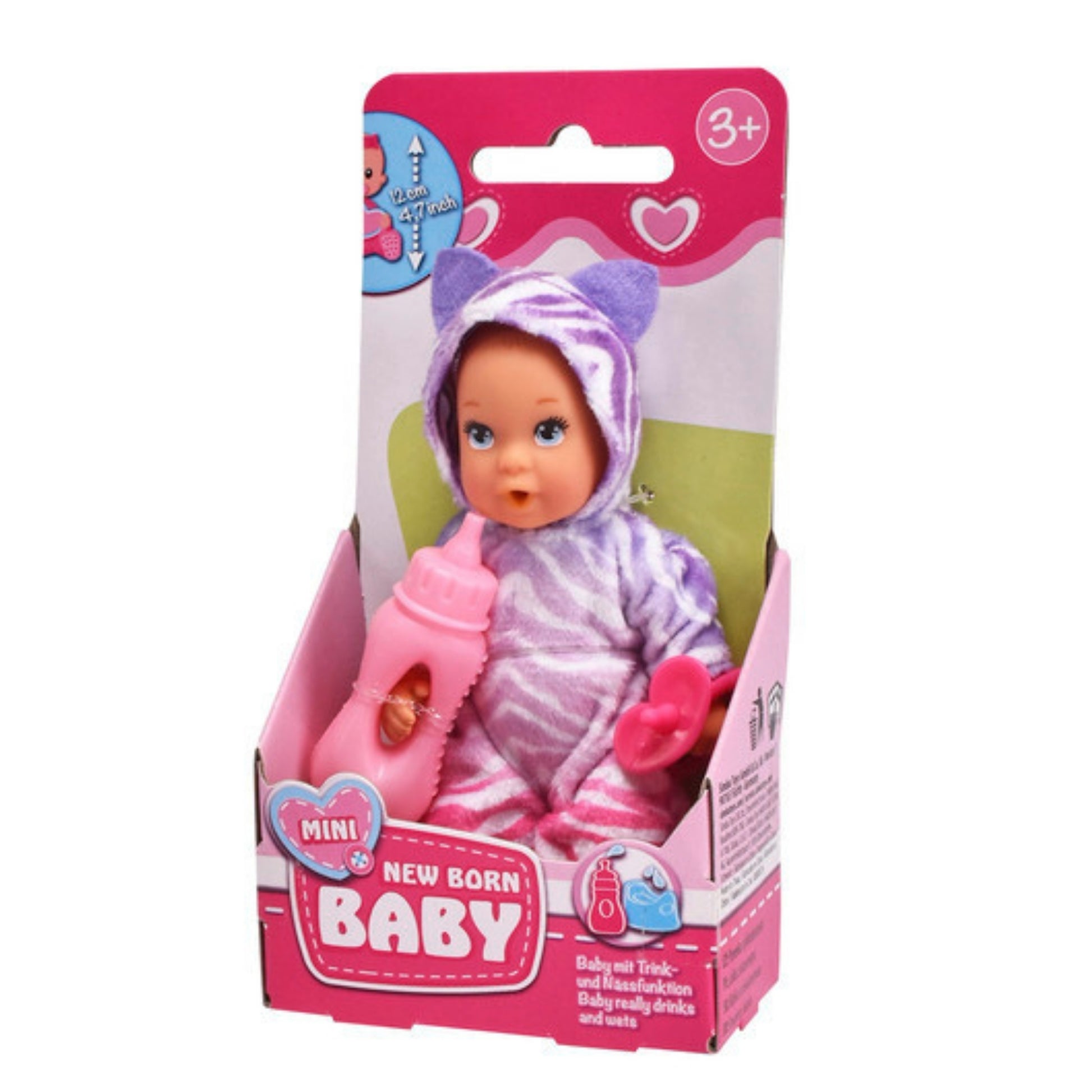 A Simba Onesie Baby Doll in a purple and white animal onesie sits in pink packaging with "Mini New Born Baby" labeling, includes a pink baby bottle, and shows an age recommendation of 3+ in the top corner.