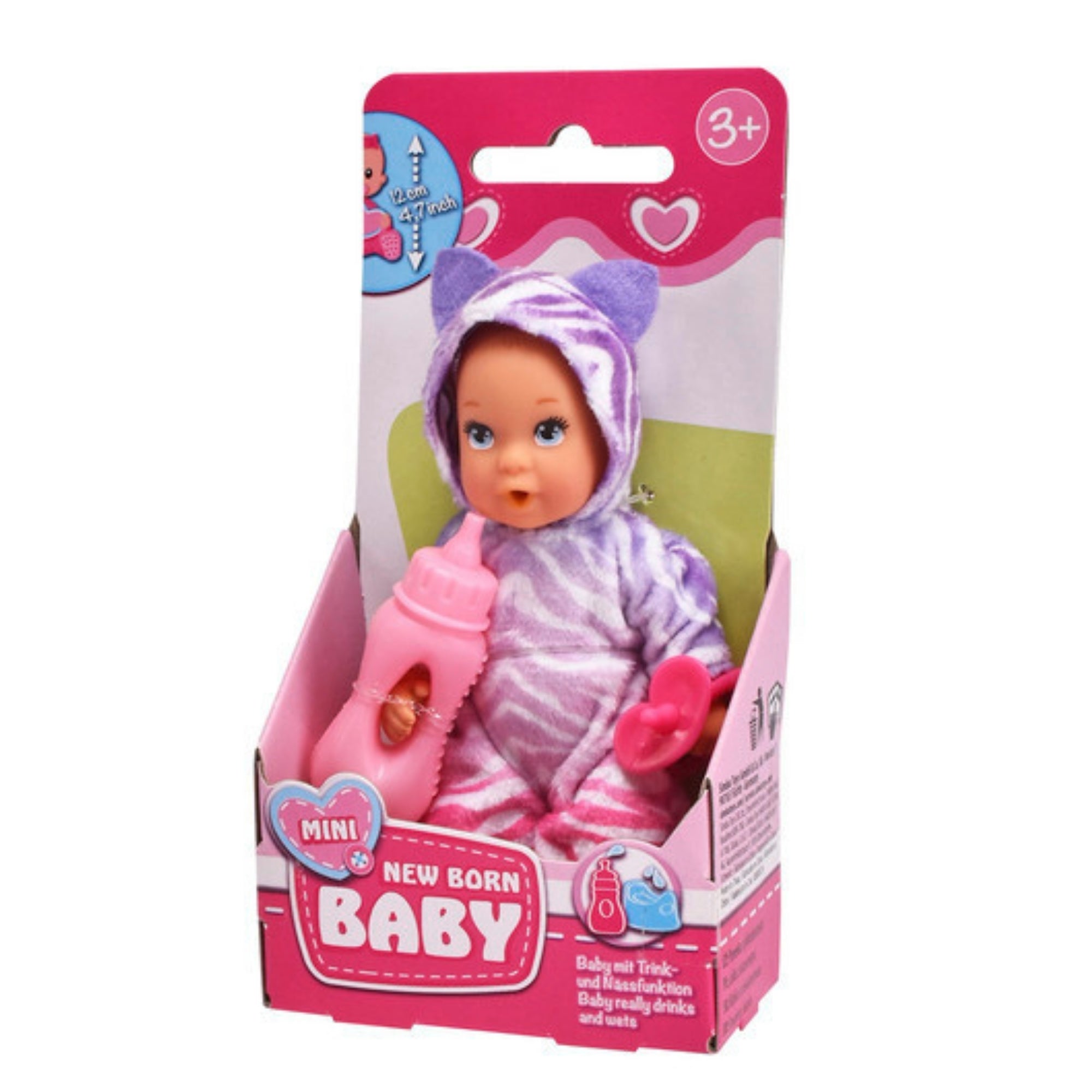 A Simba Onesie Baby Doll in a purple and white animal onesie sits in pink packaging with "Mini New Born Baby" labeling, includes a pink baby bottle, and shows an age recommendation of 3+ in the top corner.