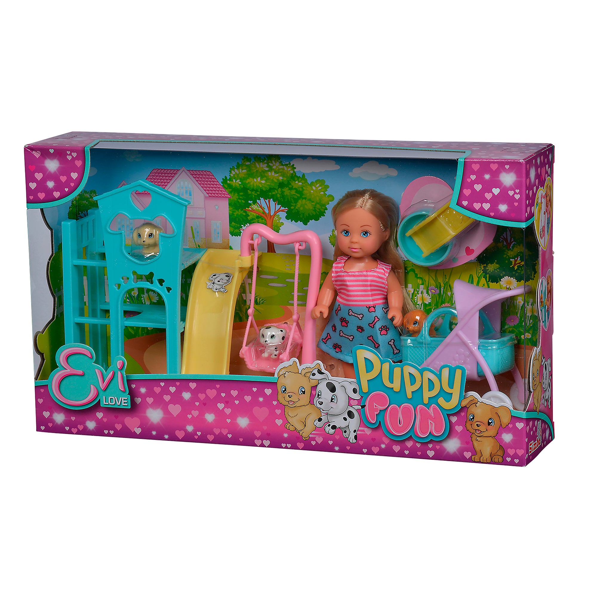 The Simba Dickie EL Puppy Fun playset includes an Evi doll in a striped shirt, two puppies, pet accessories, and a blue and yellow playground with slide and swing. Pink heart-themed packaging makes it an ideal toy for kids.