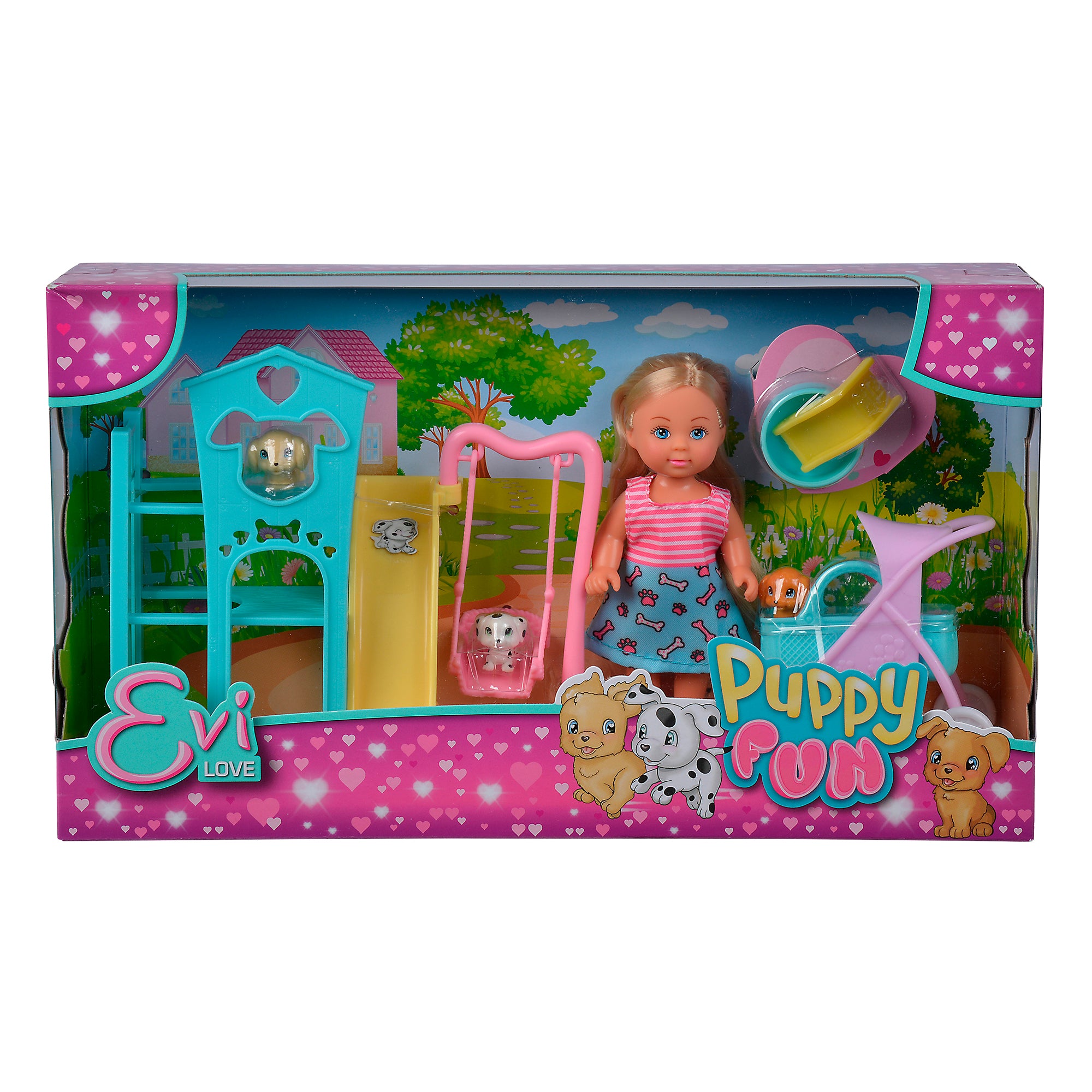 Simba Dickie EL Puppy Fun is a pink playset with an Evi doll, two puppies, blue doghouse, yellow slide, pink swing, food bowl, bone, and heart-window carrier—perfect for hours of imaginative fun!.