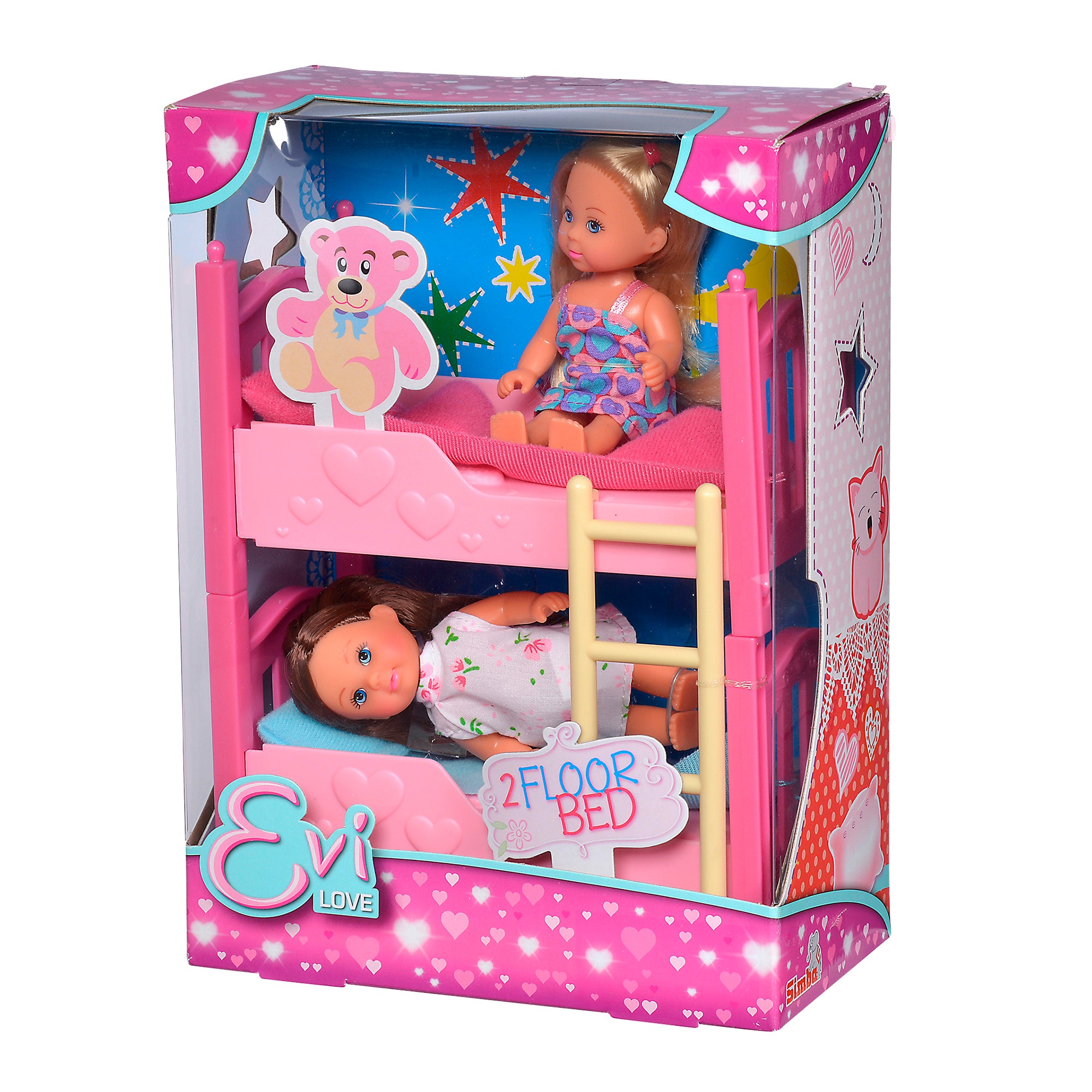 The Simba Dickie EL Bunk Bed playset features two mini dolls in a pink bunk bed. The top doll holds a bear cutout; the bottom doll is lying down. Packaged in a decorated box with heart and star motifs, perfect for dollhouse fun.