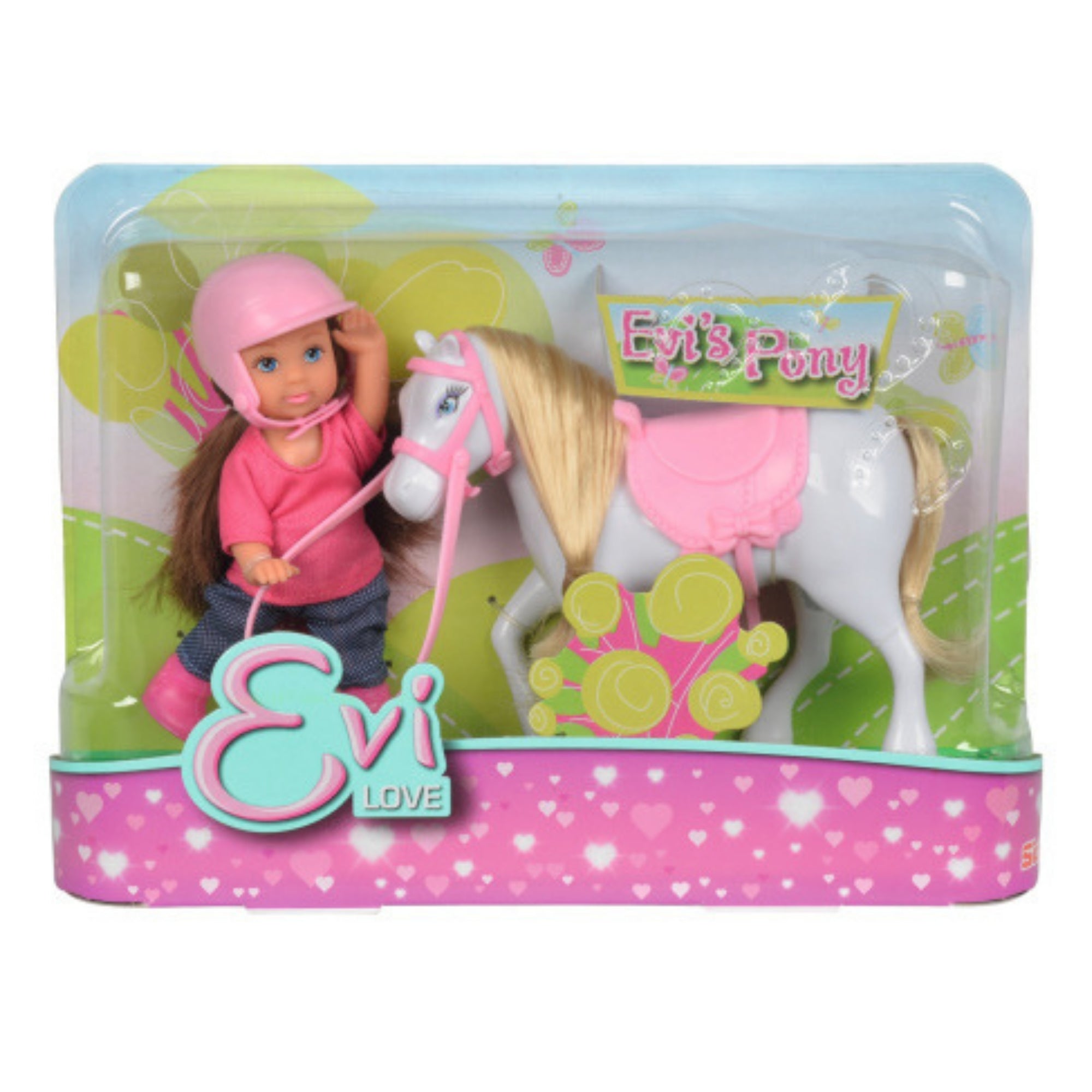The Evi Love Evi's Pony Playset includes a small doll wearing a pink helmet and top beside a white pony with a pink bridle and saddle, all packaged in a colorful, heart-decorated box.