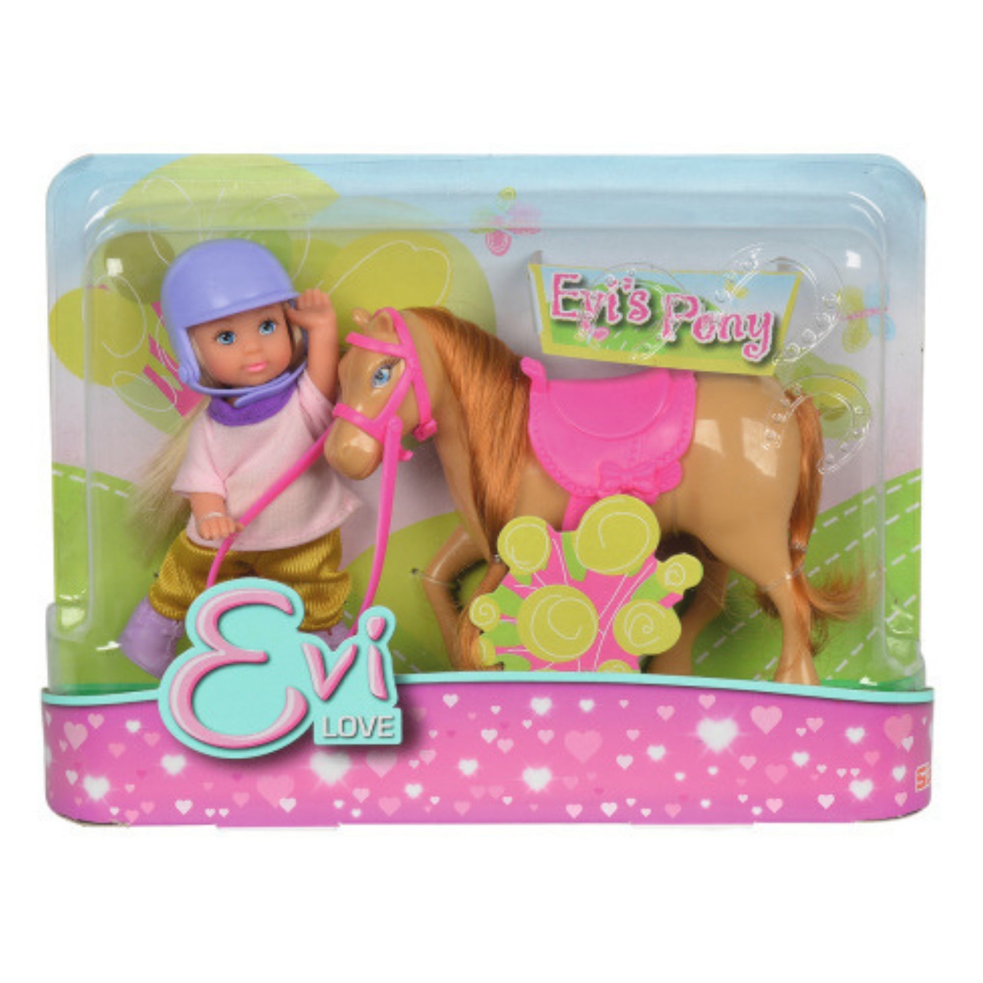 The Evi Love Evi's Pony Playset features a small blonde doll in a purple helmet beside a tan pony with a pink bridle and saddle, all packaged on a colorful background with "Evi Love" and "Evi's Pony" displayed.