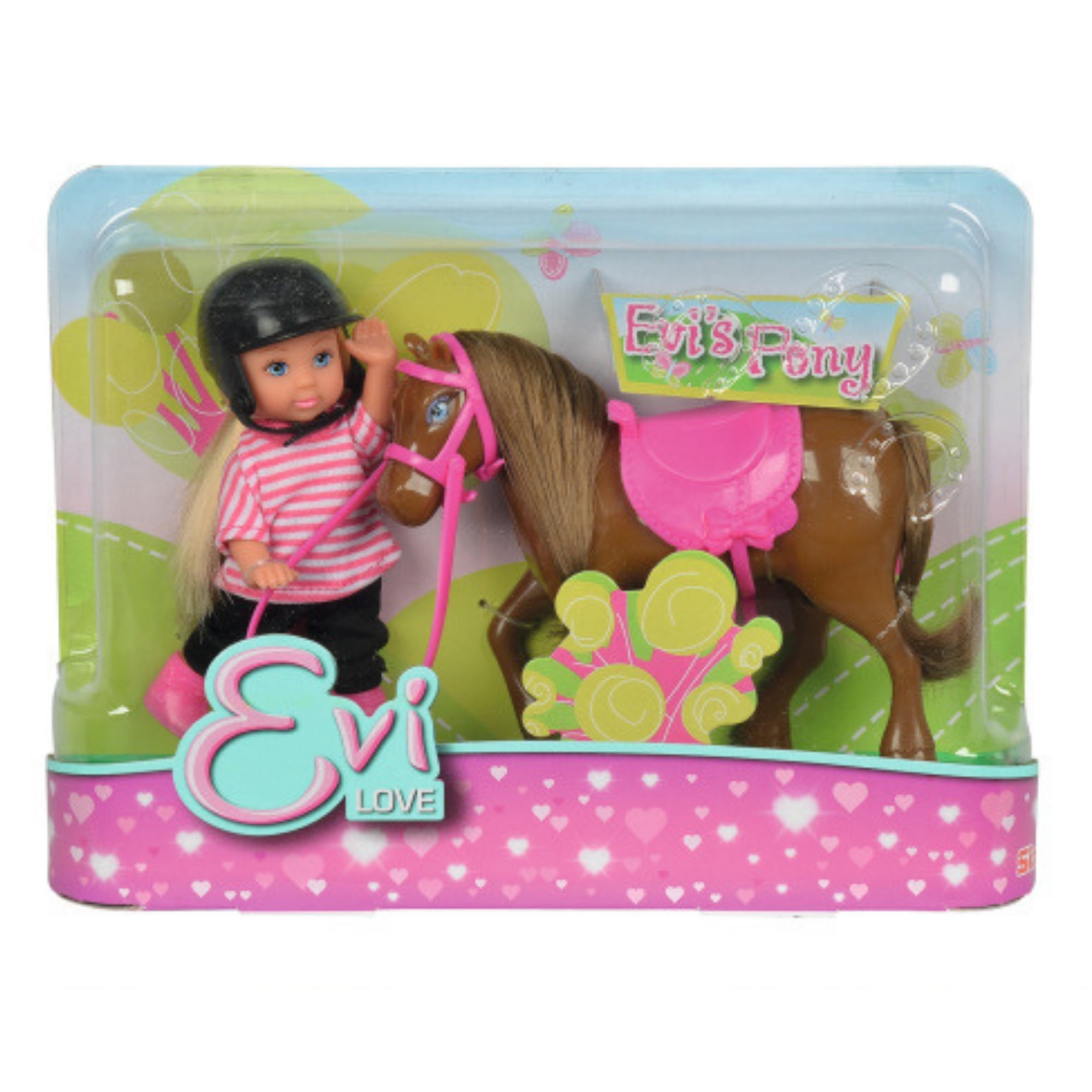 The Evi Love Evi's Pony Playset includes a boxed blonde doll in a striped shirt and black helmet with a brown pony featuring a pink saddle and bridle. The packaging displays "Evi Love" and "Evi's Pony.