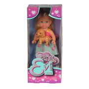 The Evi Love Pet Friends Doll features long blonde hair, a green and pink dress, and holds a small brown puppy. It comes in pink packaging decorated with heart designs.
