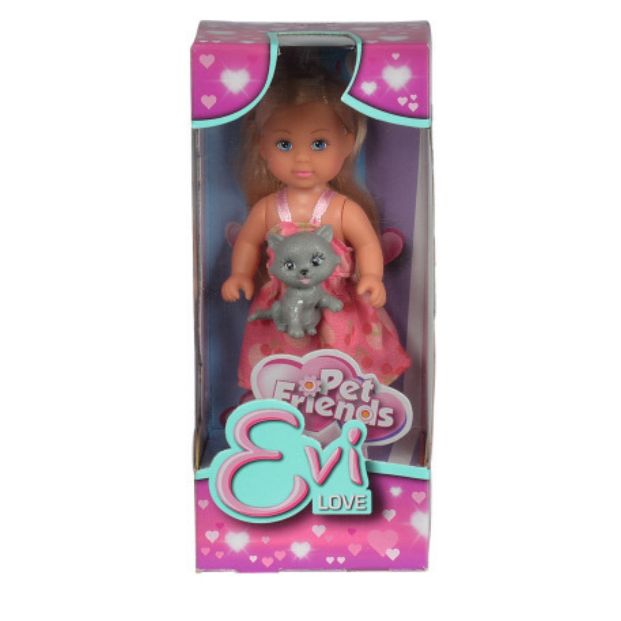 The Evi Love Pet Friends Doll is a boxed toy set featuring a blonde doll in a pink dress holding a gray kitten, packaged in pink with heart designs and “Pet Friends Evi Love” text.