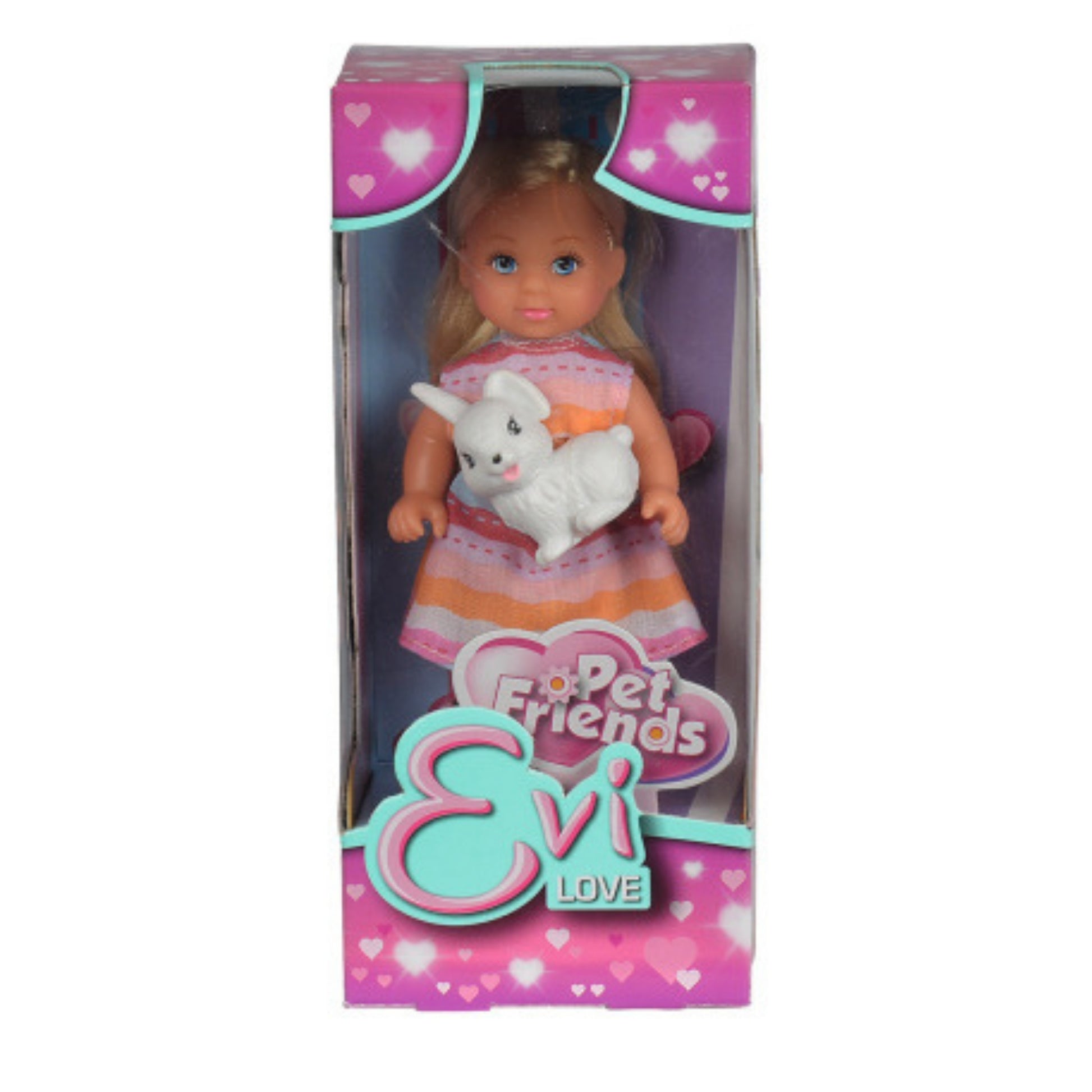 The Evi Love Pet Friends Doll comes boxed in pink, heart-patterned packaging and features Evi in a pink and orange dress holding a white rabbit. "Pet Friends Evi Love" is displayed on the front.