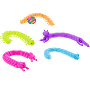 Toysmith Animal Stretchies are colorful, textured squish toys shaped like animals and caterpillars in yellow, green, purple, pink, and blue. Their pliable skin is fun to play with. One stretchy has a label attached and all are arranged on a white background.