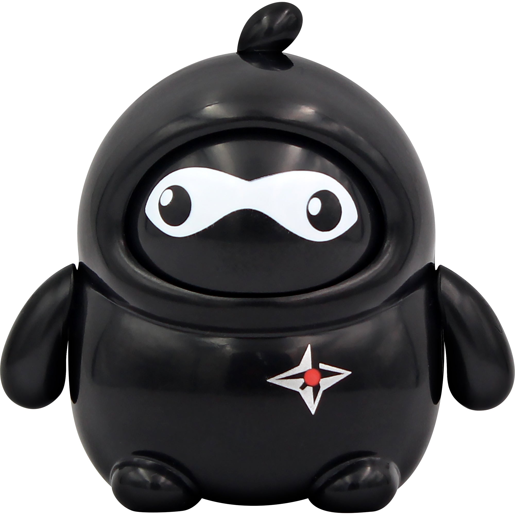 The NSI LamaTama Series 1 features a small, round black ninja toy with a mask and throwing star emblem, part of the collectible characters line. This smooth, shiny figure comes in fun blind packaging.