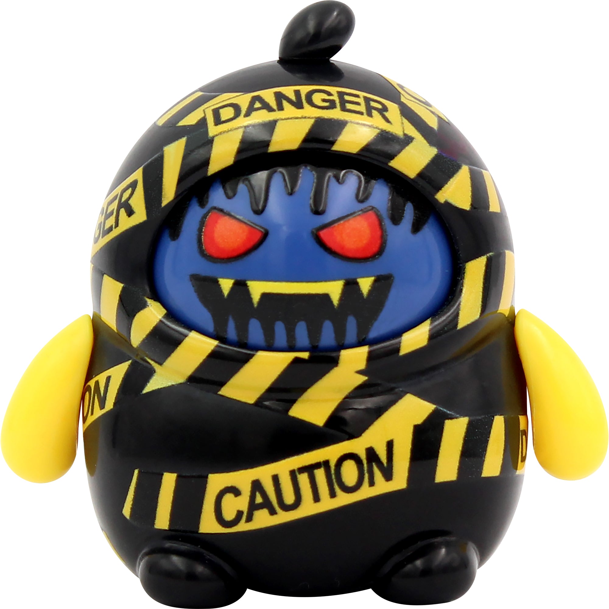The NSI LamaTama Series 1 features a round blue toy with red eyes, yellow wings, and black/yellow DANGER CAUTION tape. Each collectible character comes in blind packaging for a surprise with every purchase.