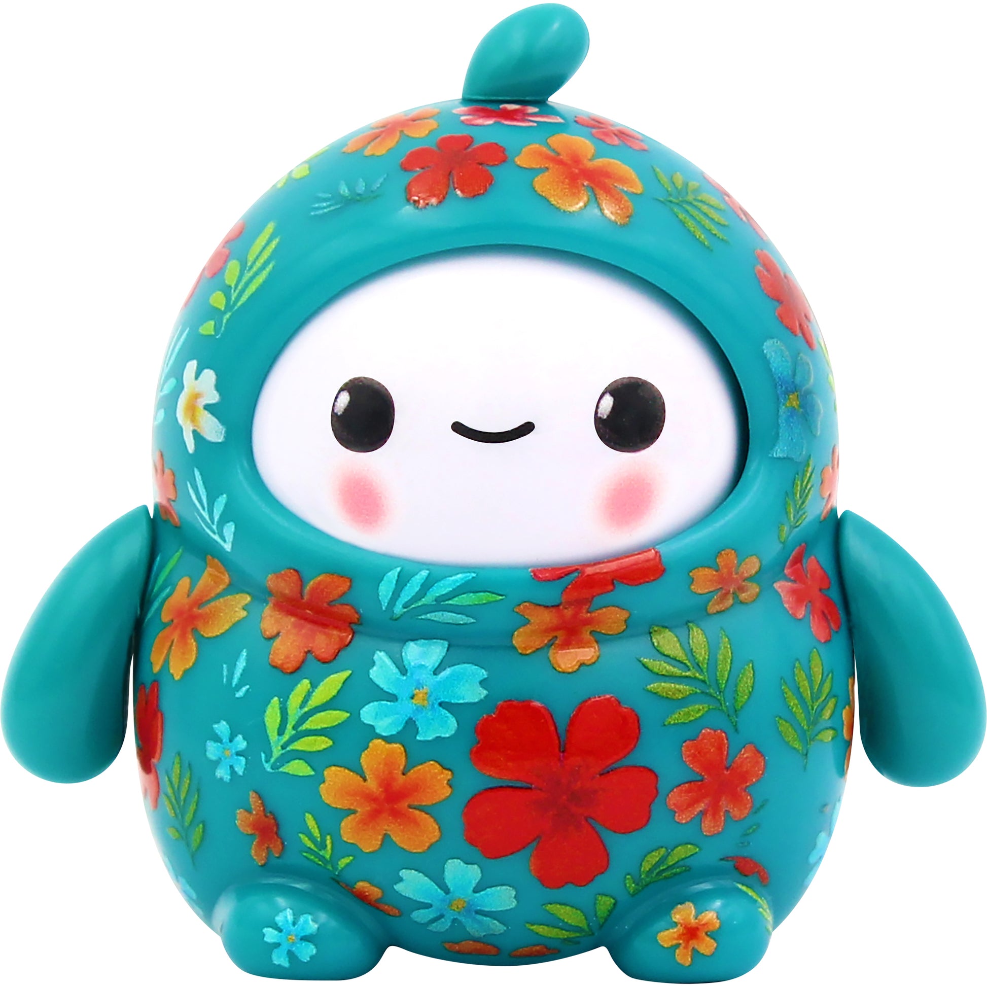 The NSI LamaTama Series 1 features a cute, round teal toy with a smiling face, blushing cheeks, small fins, and colorful floral patterns in red, orange, blue, and yellow—one of many adorable collectibles.