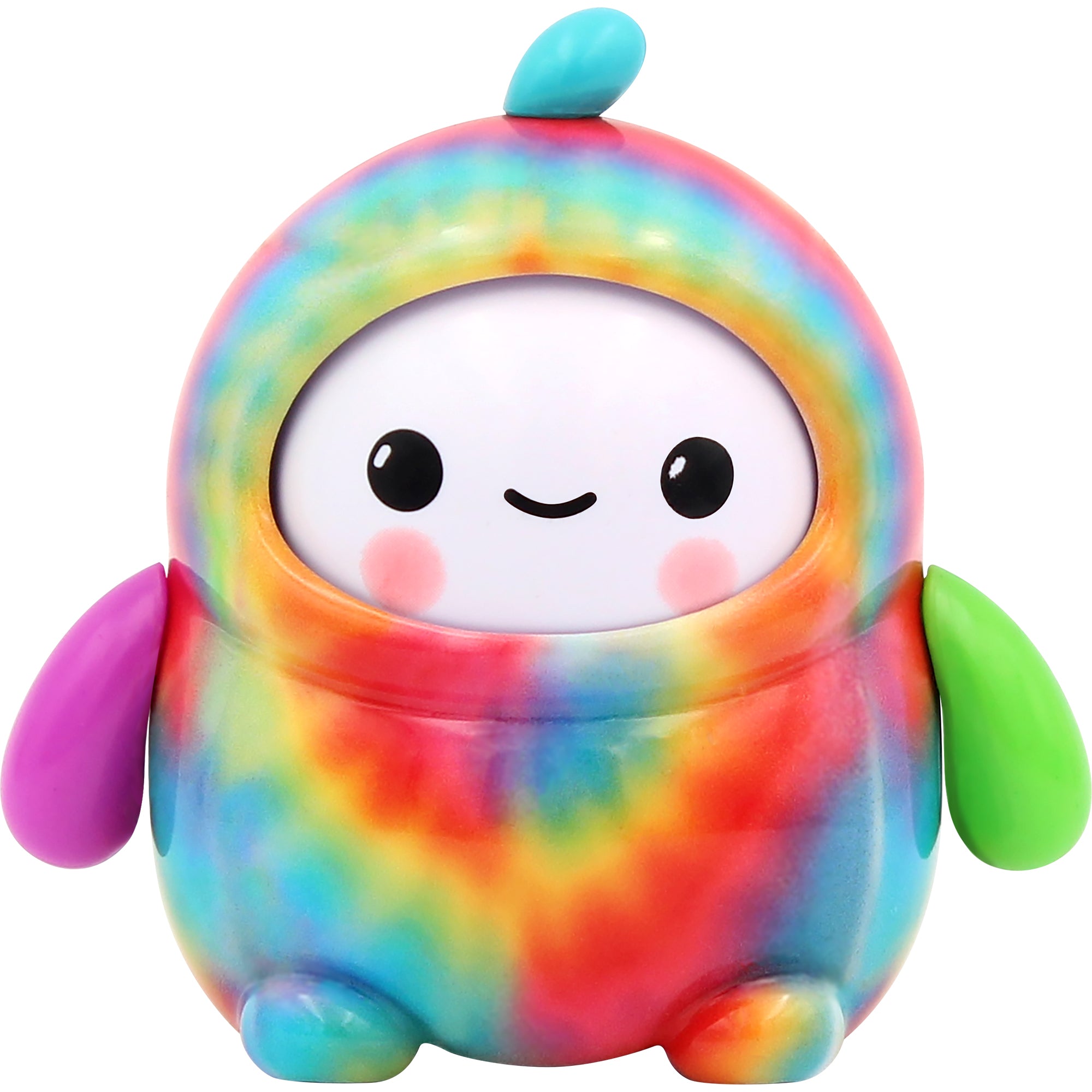 LamaTama Series 1 by NSI features a cute, round toy with a white face, blushing cheeks, and happy smile. Its tie-dye rainbow body has purple, green, and blue arms plus a blue tuft—ideal for fans of collectible characters!.