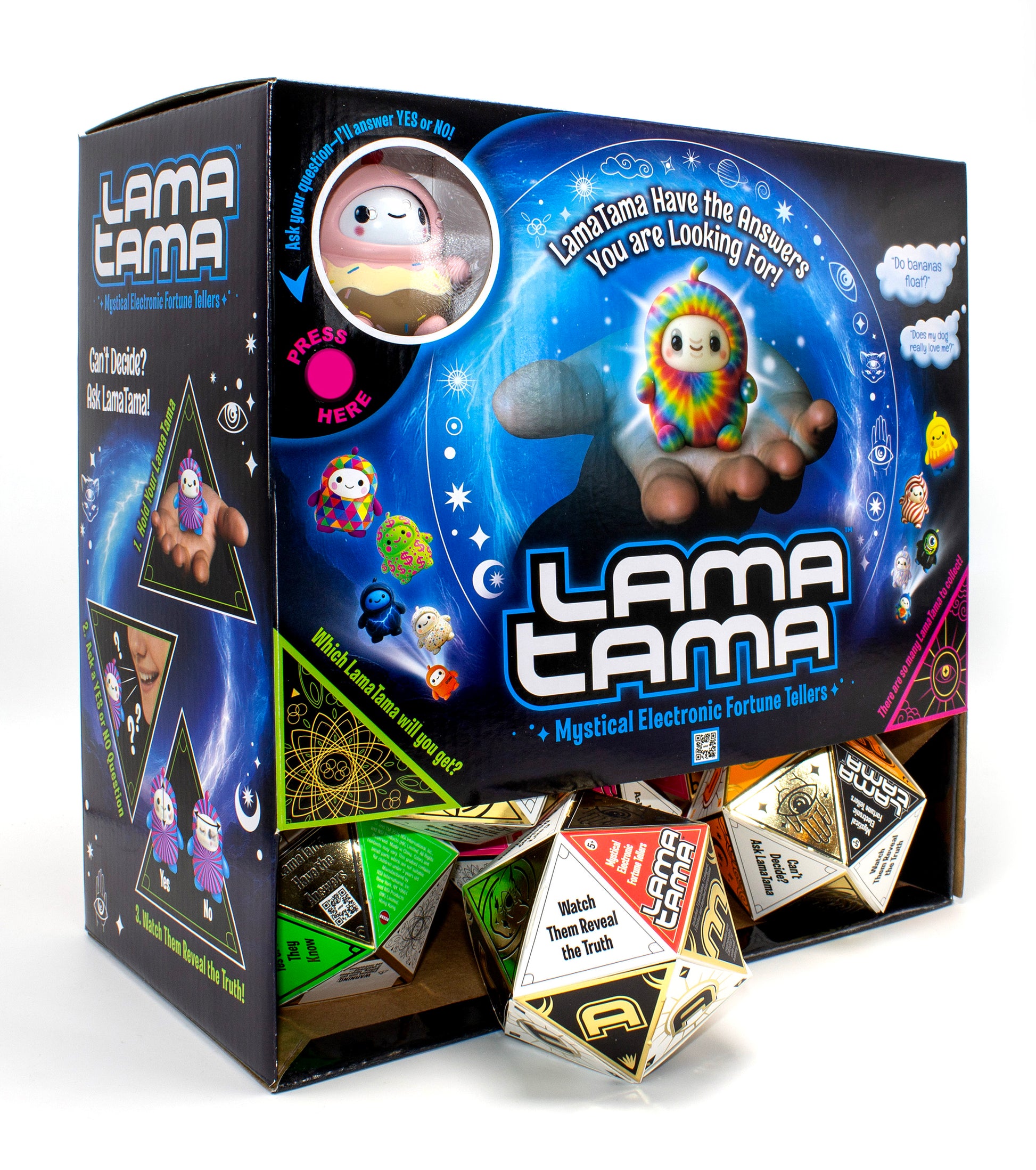 A boxed NSI LamaTama Series 1 Mystical Electronic Fortune Teller display includes collectible llama figures, glowing blue graphics, dice-shaped fortune tellers, and text touting yes/no answers and electronic fortune telling.