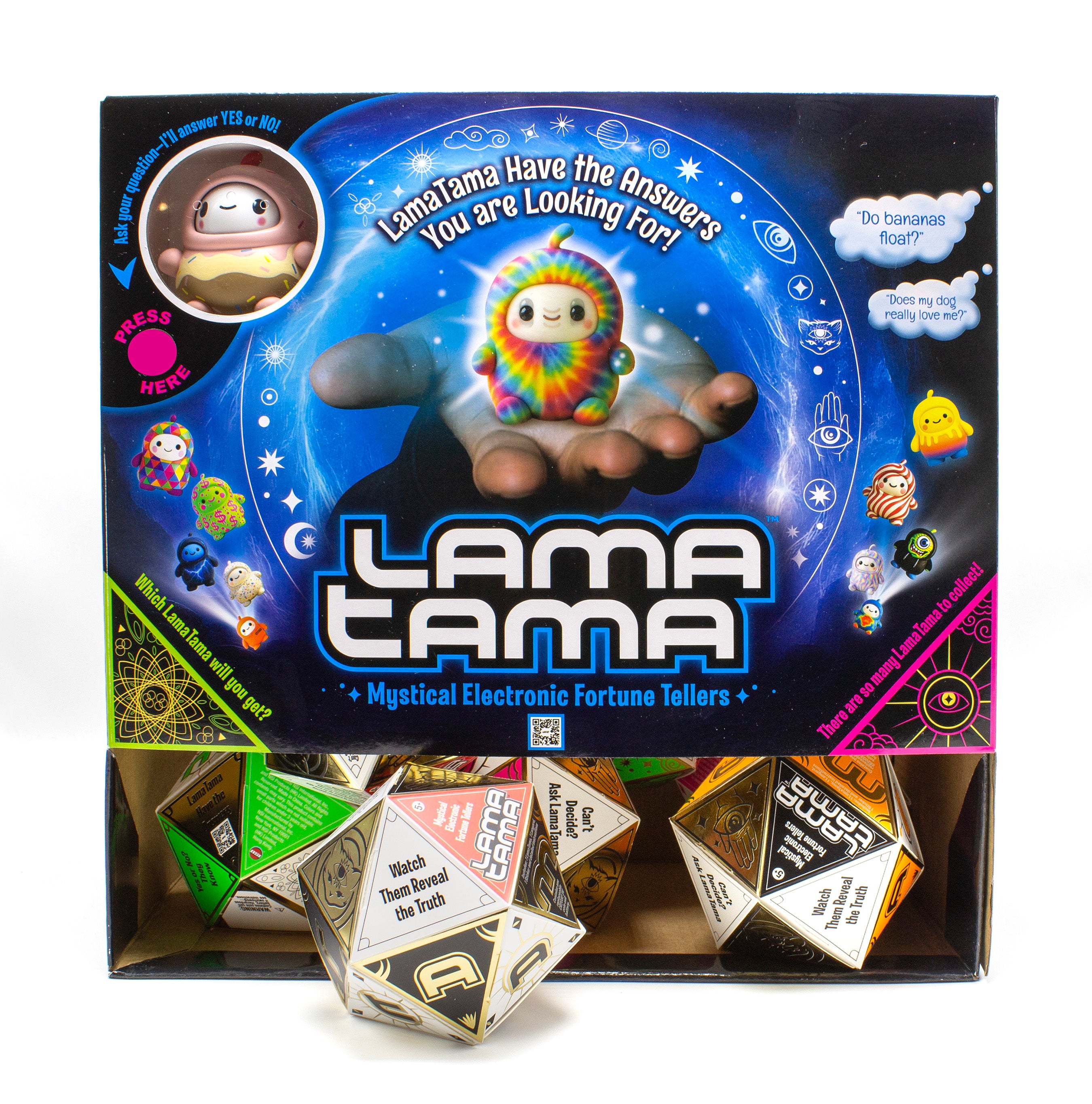 NSI’s LamaTama Series 1 display box features mystical electronic fortune tellers with a colorful llama at the center, surrounded by blue graphics and fortune phrases. Each blind box includes a collectible character.