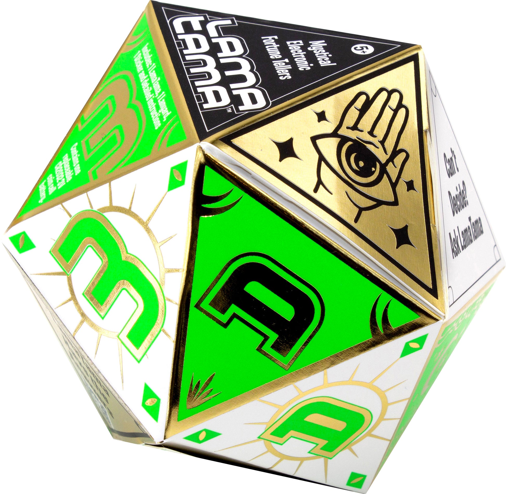 The NSI LamaTama Series 1 is a geometric collectible with green, white, and gold triangles, featuring "L" and "A" designs, an eye in a palm, and text: “Lama Lama,” “Mystical Essentials,” and “LamaTama” characters.