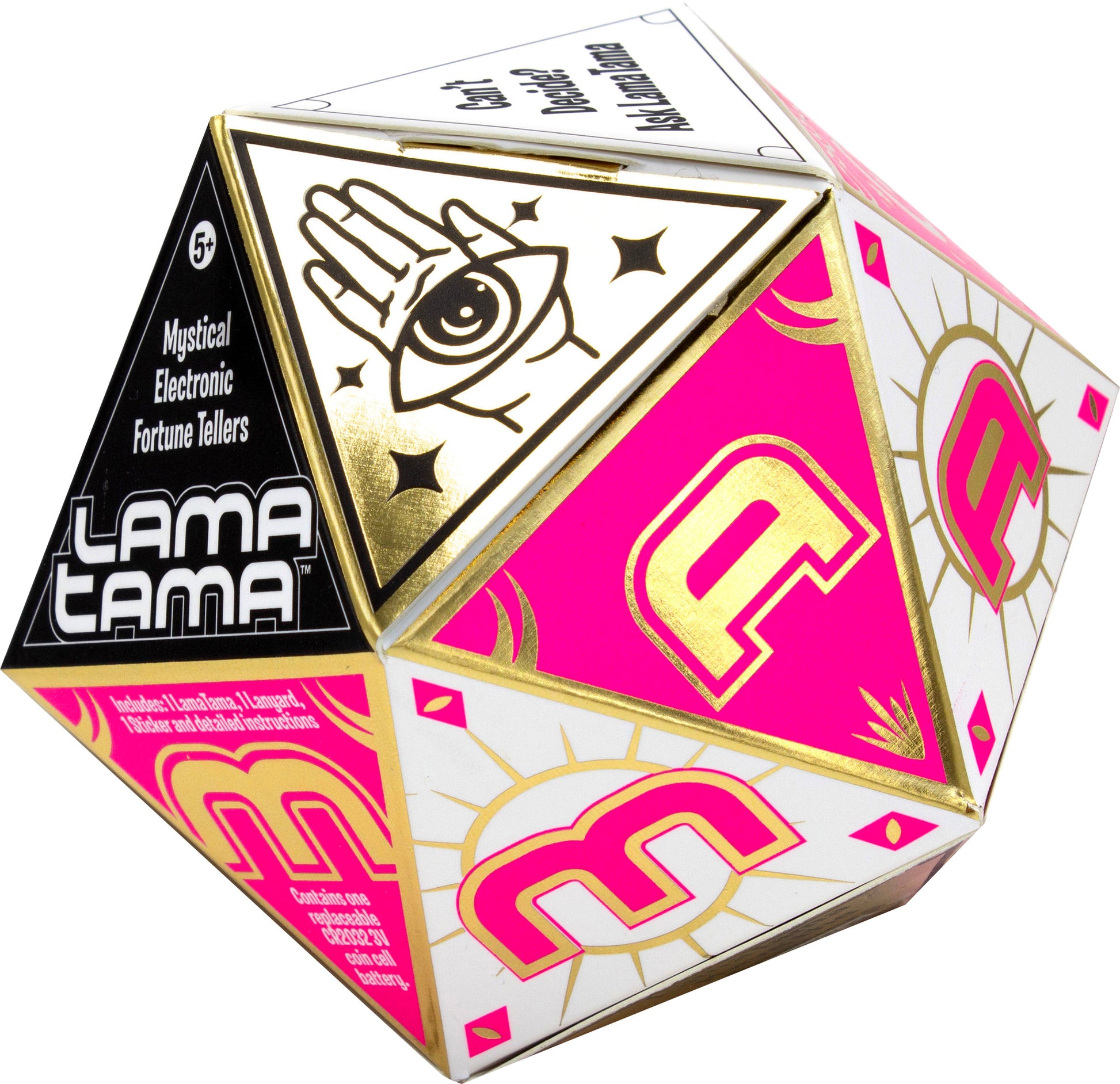 The NSI LamaTama Series 1 is a mystical electronic fortune teller shaped like a colorful icosahedron, with gold, pink, and white faces featuring collectible characters, symbols, and letters. Each comes in blind packaging.