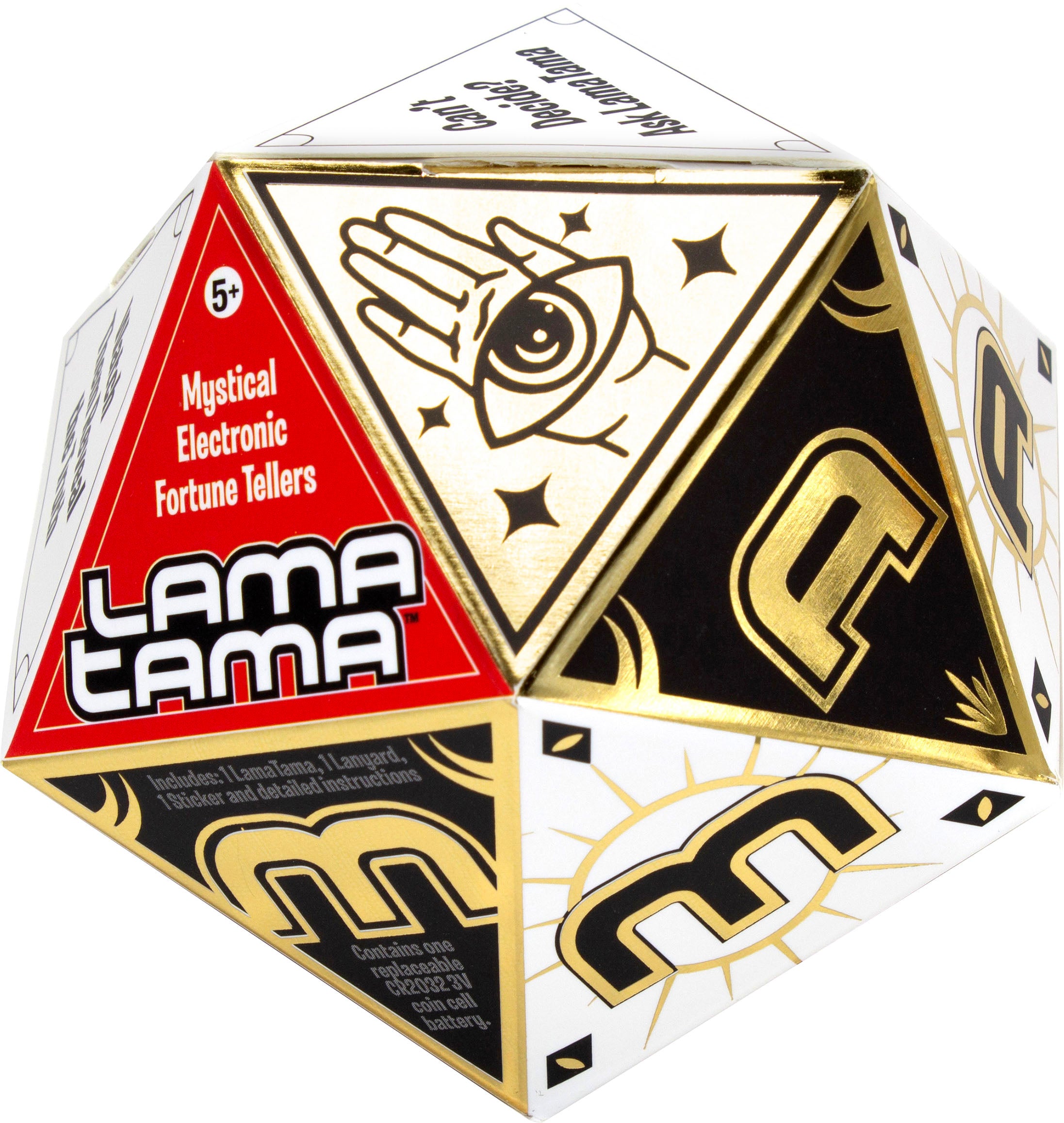 NSI’s LamaTama Series 1: a geometric, multi-sided fortune teller toy with triangles, mystical symbols, bold letters, and collectible characters. Features a red “Mystical Electronic Fortune Tellers” label; for ages 5+, each sold in blind packaging.