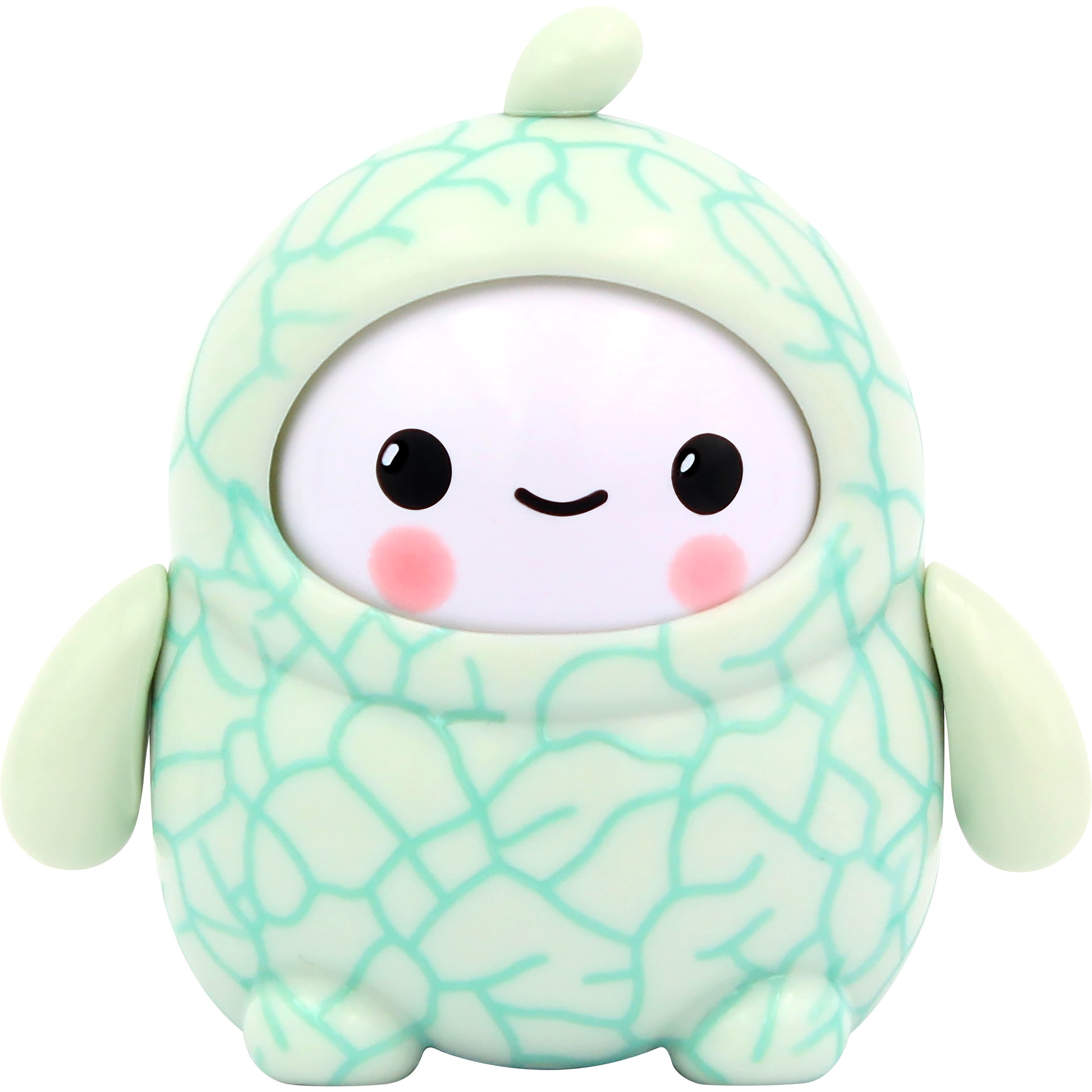 A cute, round NSI LamaTama Series 2 toy with a white face, big black eyes, smiling mouth, pink cheeks, and a light green melon-patterned body with small fins—one of many collectible characters in blind packaging.