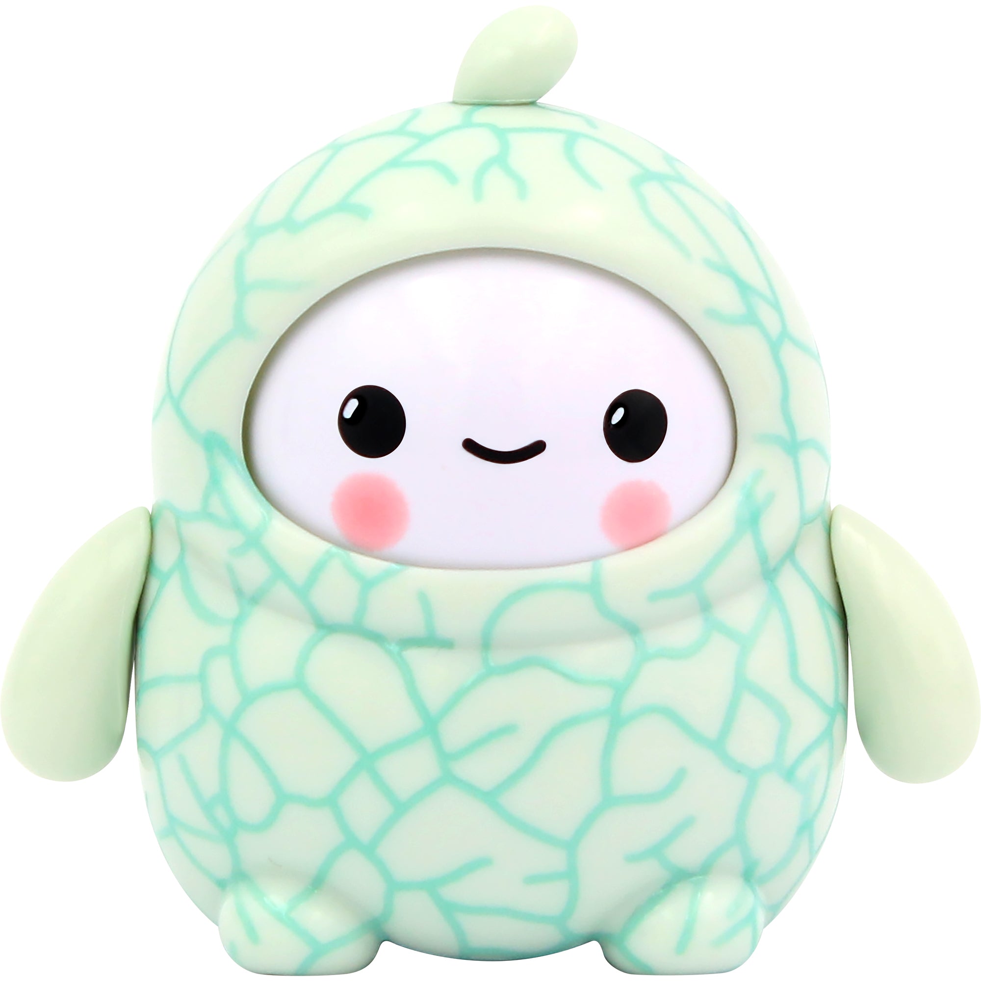 A cute, round NSI LamaTama Series 2 toy with a white face, big black eyes, smiling mouth, pink cheeks, and a light green melon-patterned body with small fins—one of many collectible characters in blind packaging.