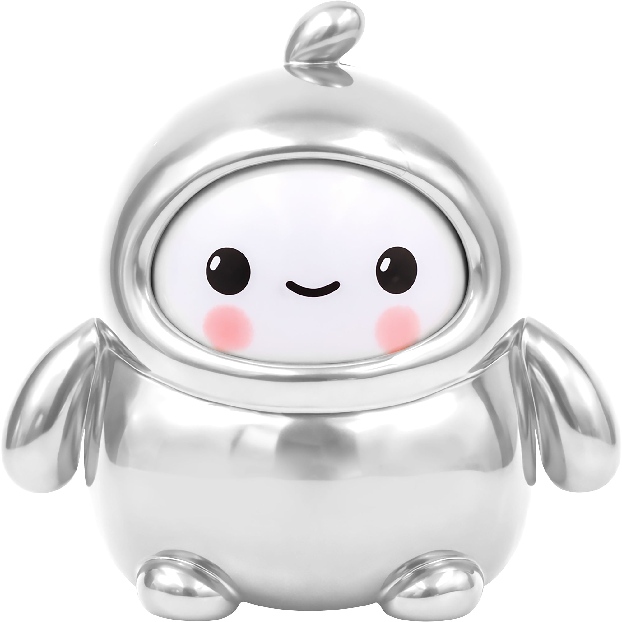 The NSI LamaTama Series 2 features a shiny silver robot figurine with a round white face, black eyes, a smiling mouth, pink cheeks, small stubby limbs, and a pointed head—ideal for blind packaging collectors.