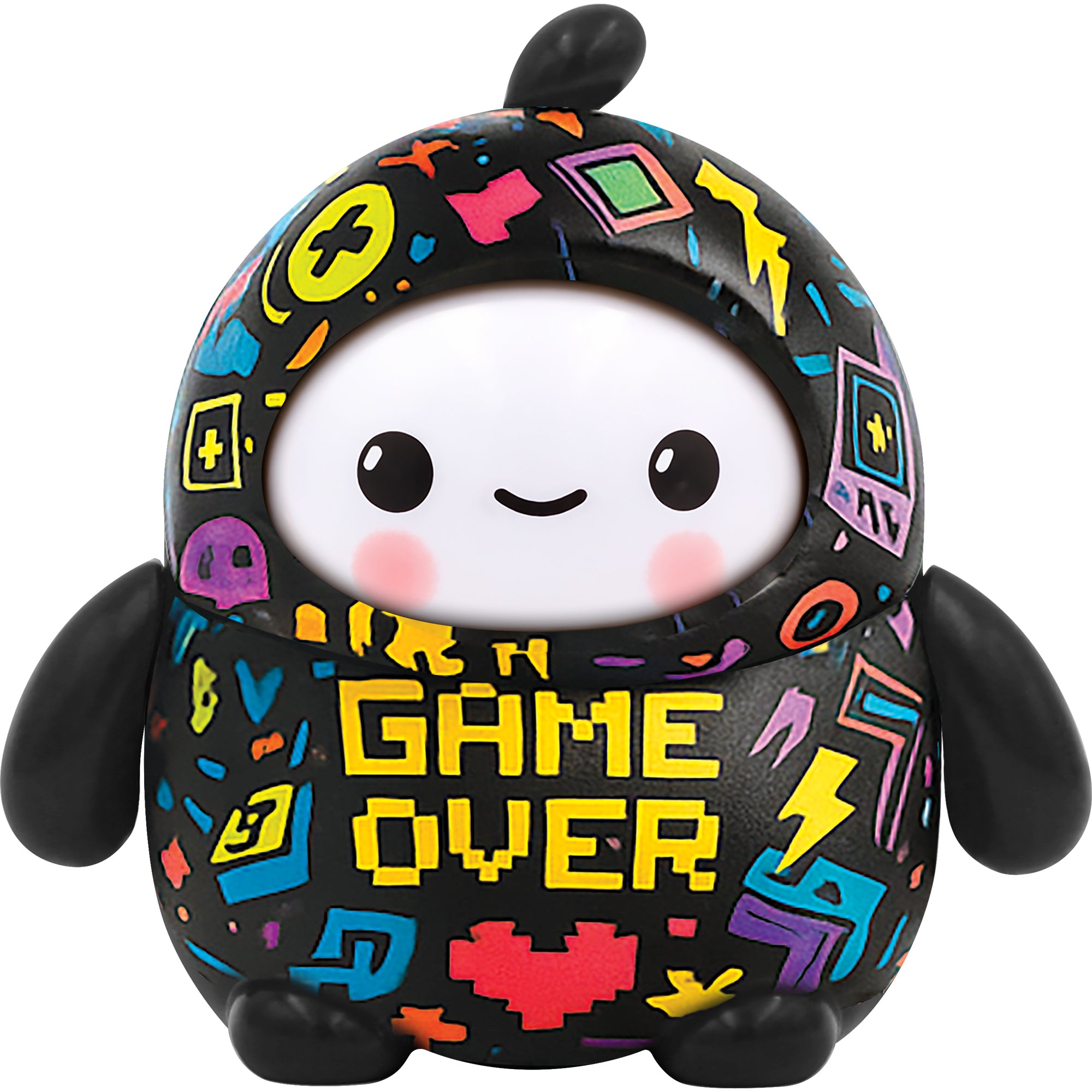 The NSI LamaTama Series 2 features a cute, round toy figure with a smiling face, black arms, colorful gaming icons, and bold yellow "GAME OVER" on its chest. Part of the collectible series and comes in blind packaging.