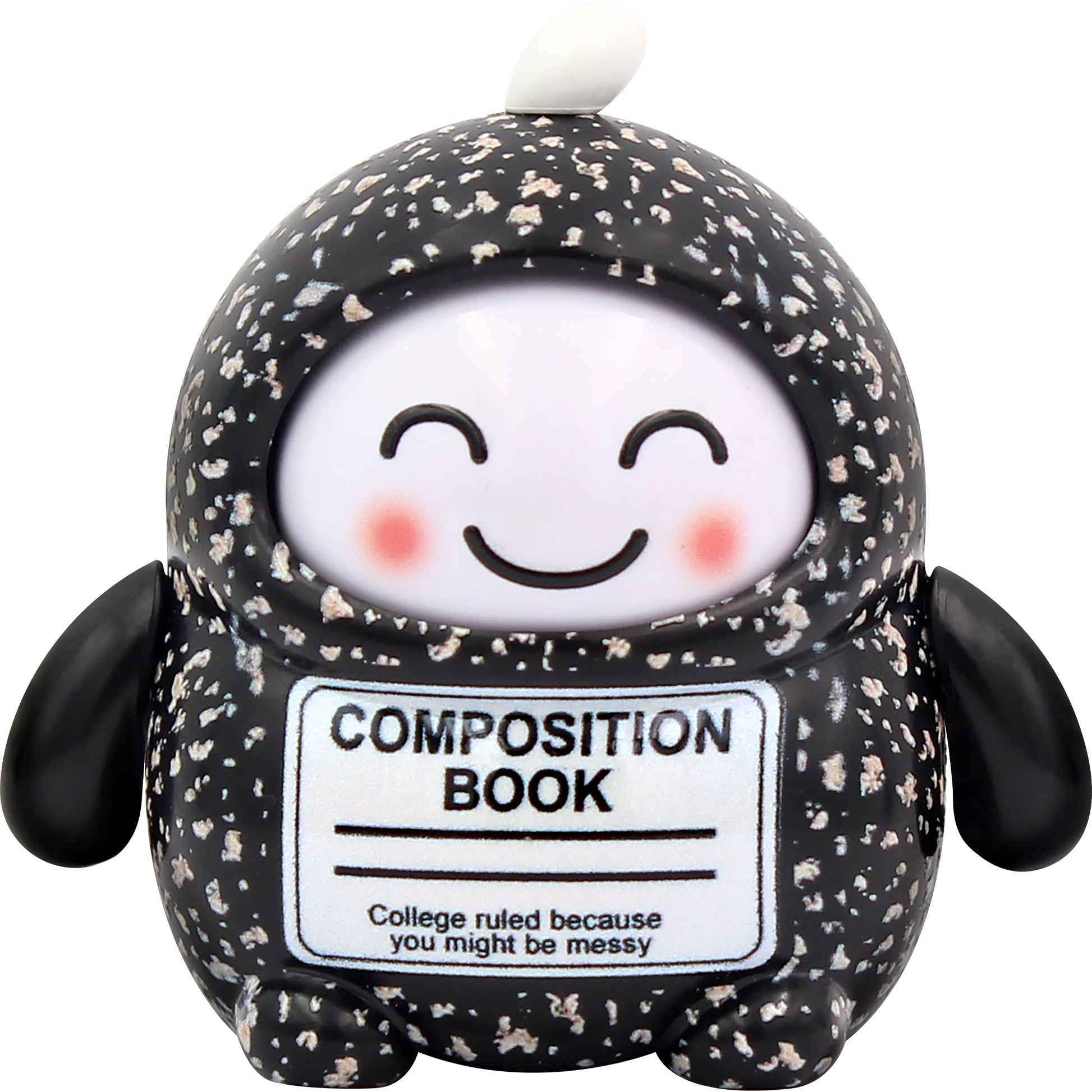 A cute, black-and-white cartoon figure shaped like a composition notebook with a smiling face, rosy cheeks, and a "COMPOSITION BOOK" label—one of the adorable collectibles from NSI’s LamaTama Series 2 blind box collection.