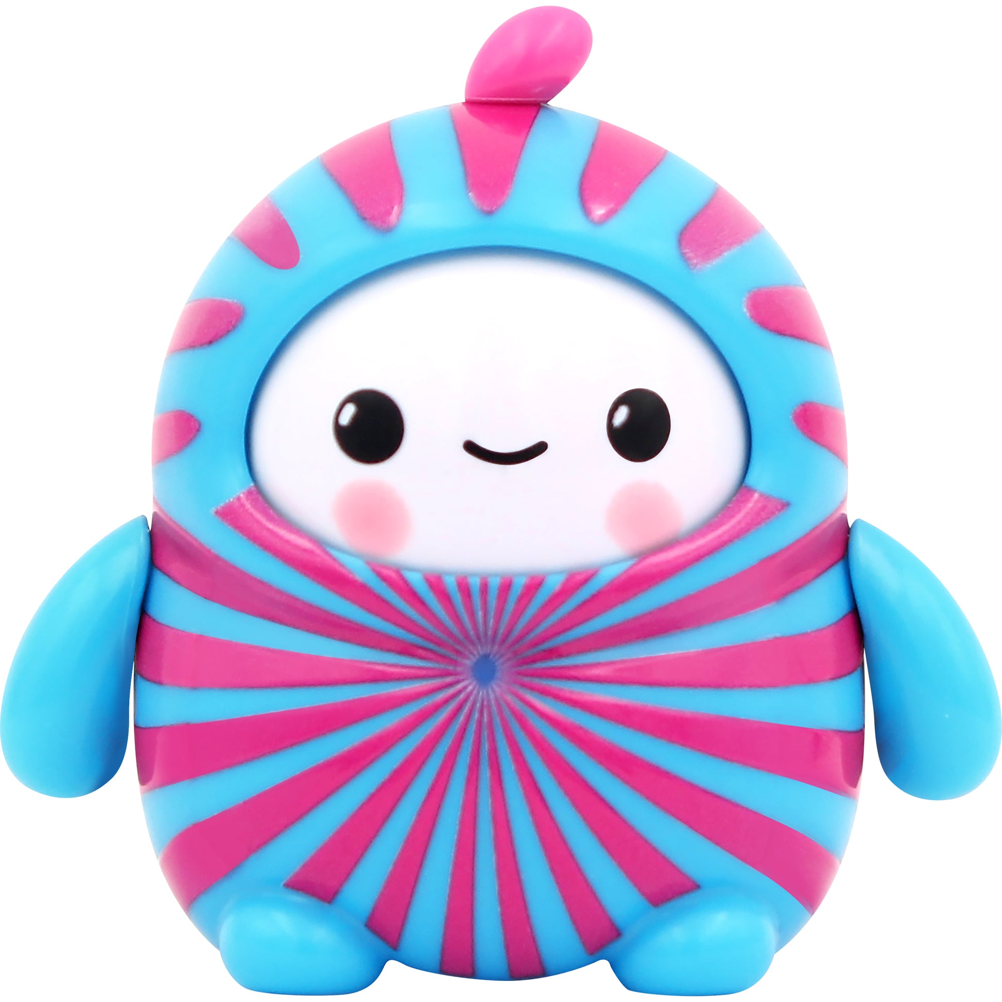 The NSI LamaTama Series 2 toy is a cute, round collectible with a white face, pink cheeks, and a smile. It wears a blue and pink striped suit with blue arms and feet and is often available in blind packaging.