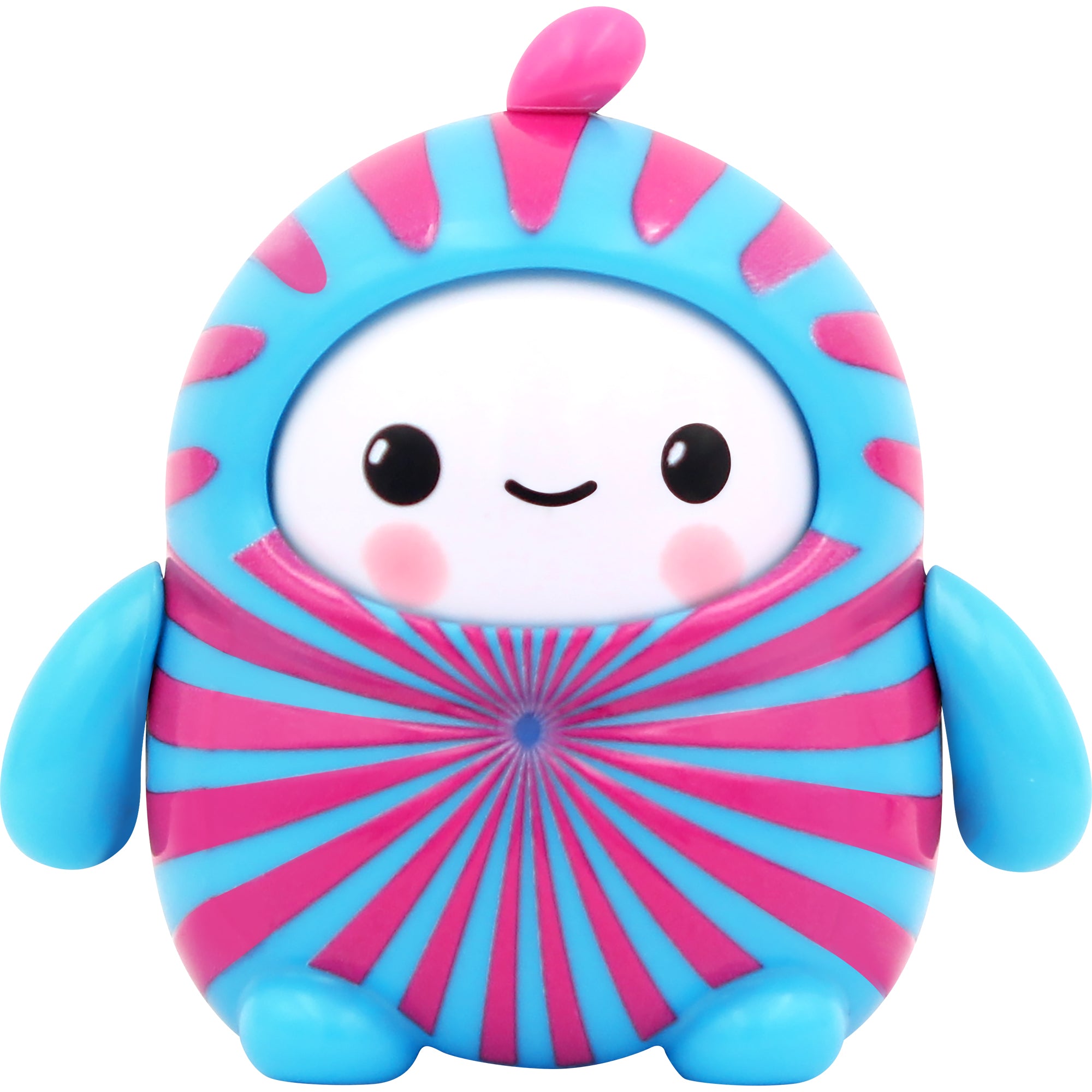 The NSI LamaTama Series 2 toy is a cute, round collectible with a white face, pink cheeks, and a smile. It wears a blue and pink striped suit with blue arms and feet and is often available in blind packaging.