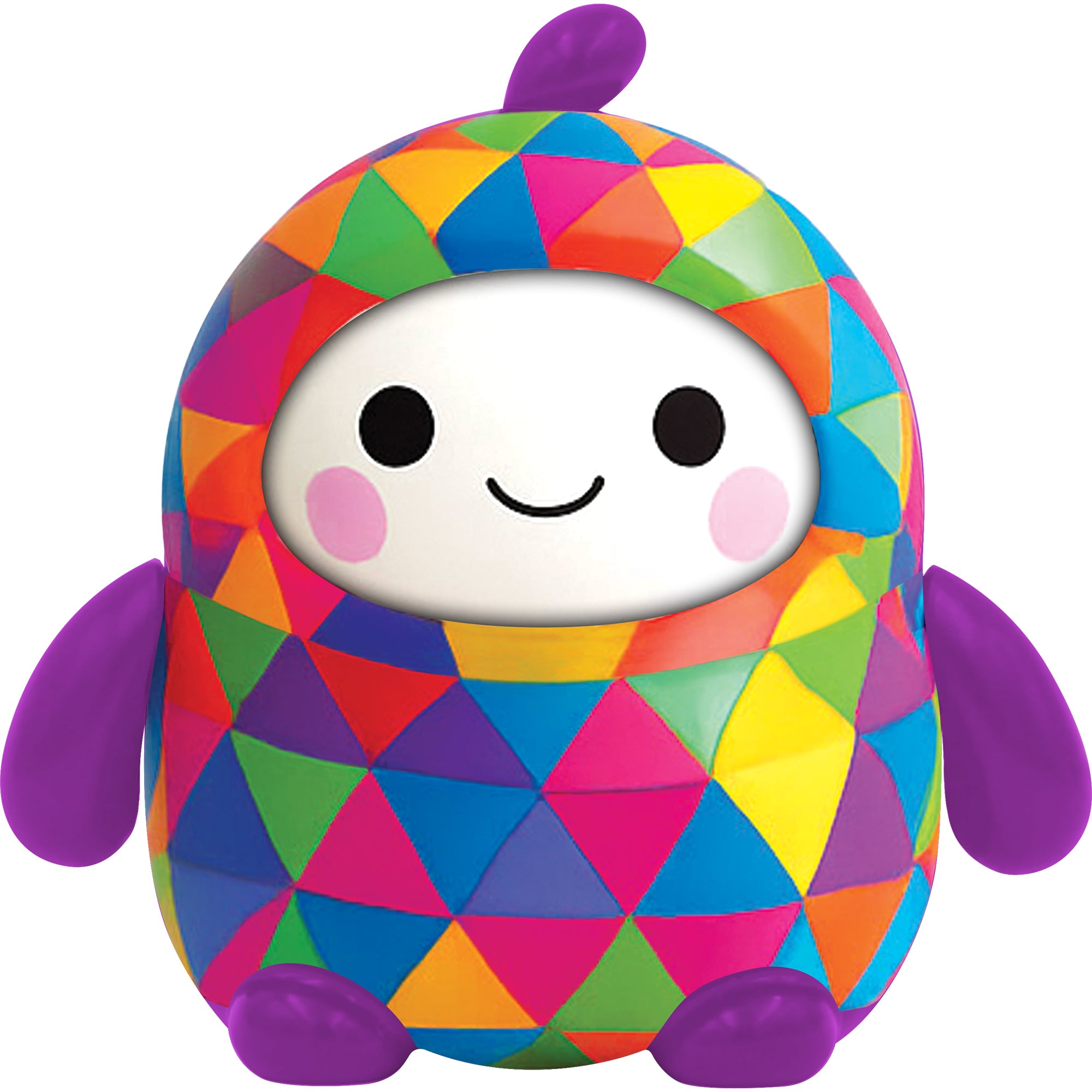 NSI’s LamaTama Series 2 features a colorful, round toy with a smiling face, pink cheeks, purple arms and feet, and a small top fin. Adorned in multicolored geometric shapes, each figure is one of many collectible characters in blind packaging.