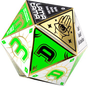 The NSI LamaTama Series 2 is a 12-sided die with mystical symbols like an eye-in-hand and bold letters in green, gold, white, and black. Some sides have text or cool designs—ideal for fans of collectible characters and blind packaging.