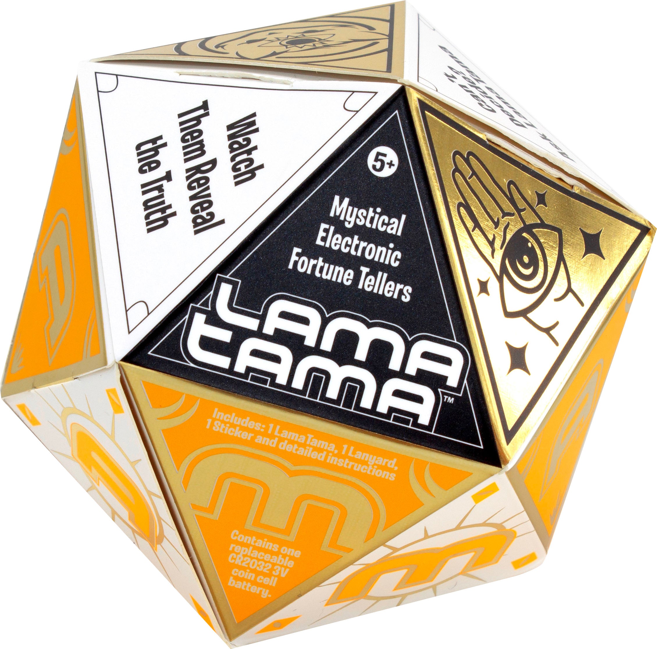 The NSI LamaTama Series 2 is a twelve-sided black, gold, and white geometric toy with mystical symbols, collectible characters in blind packaging, and functions as an electronic fortune teller for ages 5+.