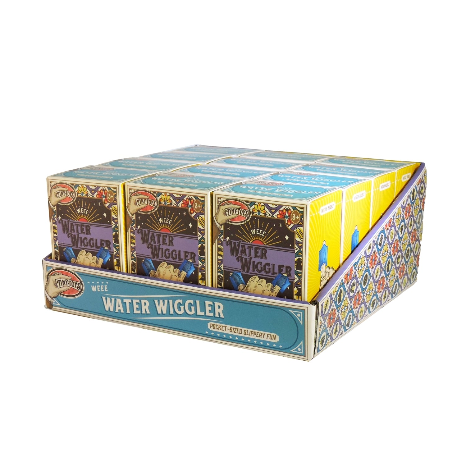 Display box of Water Wiggler fish food with colorful packaging.