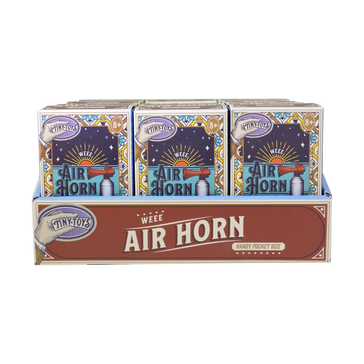 Display of Tiny Toys wee air horn packaging on a white background