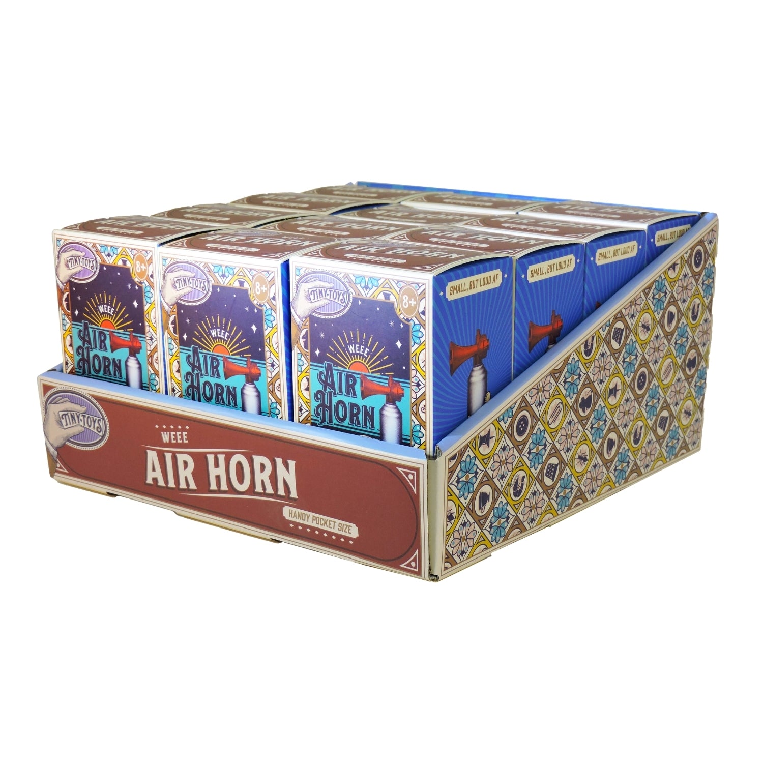 Display box of air horns with colorful packaging on a white background