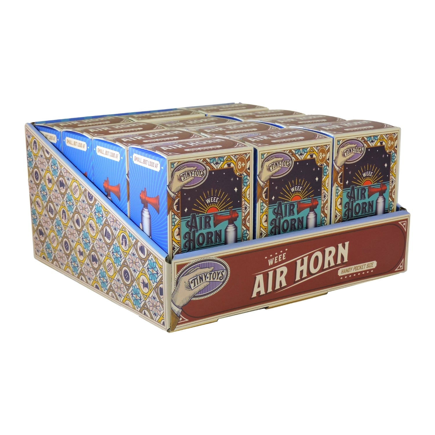 Display box of wee Air Horns with colorful packaging on a white background